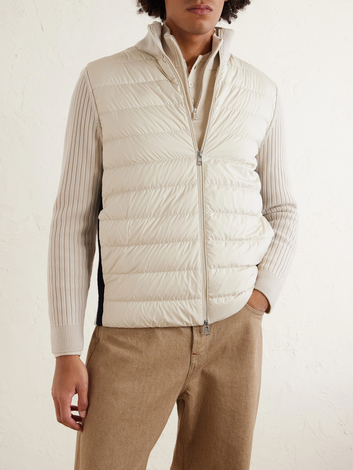 Shell-Trimmed Ribbed Wool Down Zip-Up Cardigan