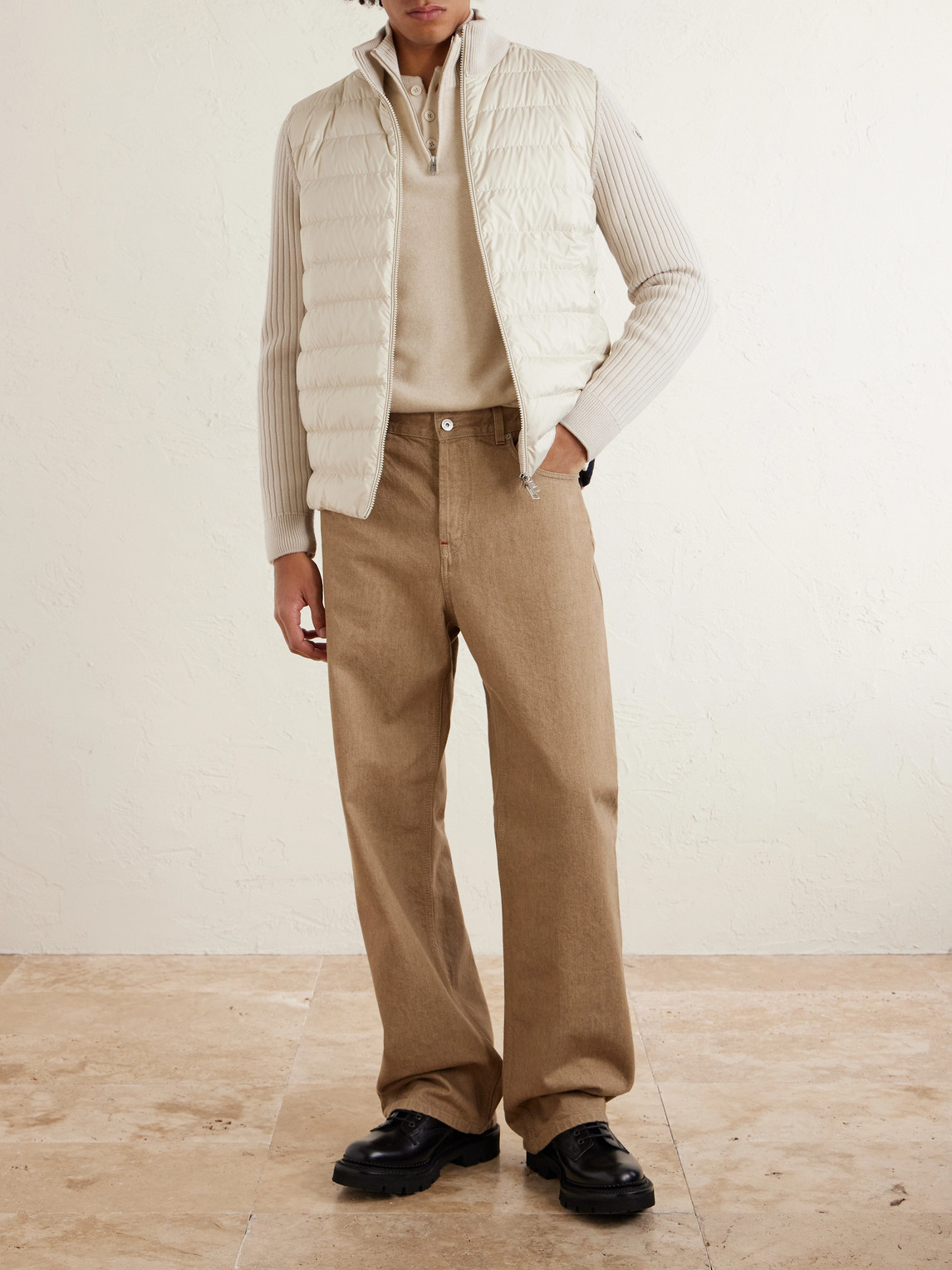 Shell-Trimmed Ribbed Wool Down Zip-Up Cardigan