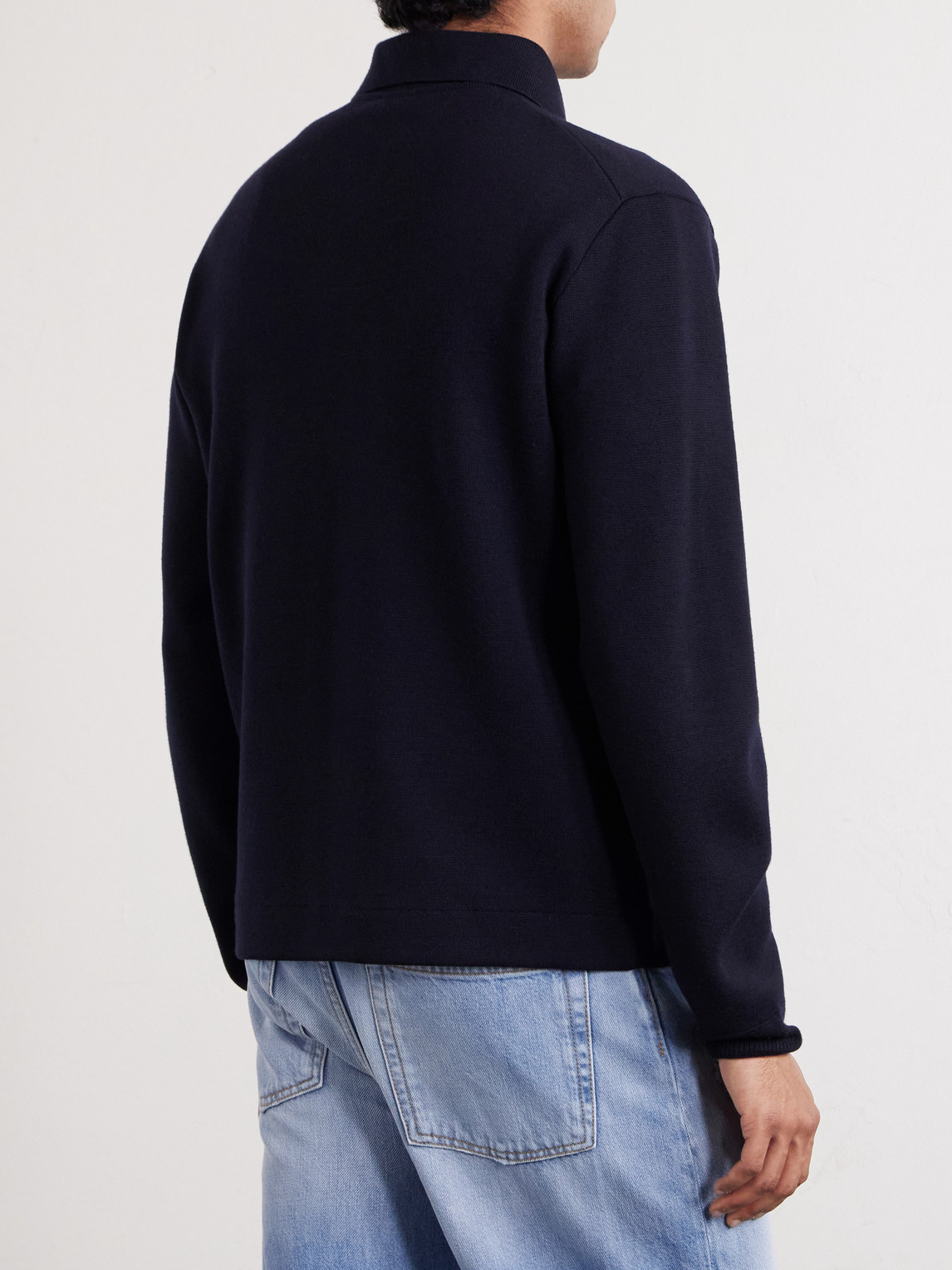 Leather-Trimmed Virgin Wool Zip-Up Cardigan