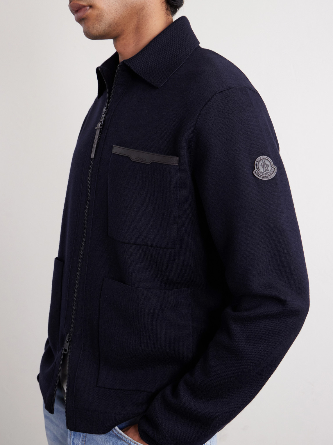 Leather-Trimmed Virgin Wool Zip-Up Cardigan