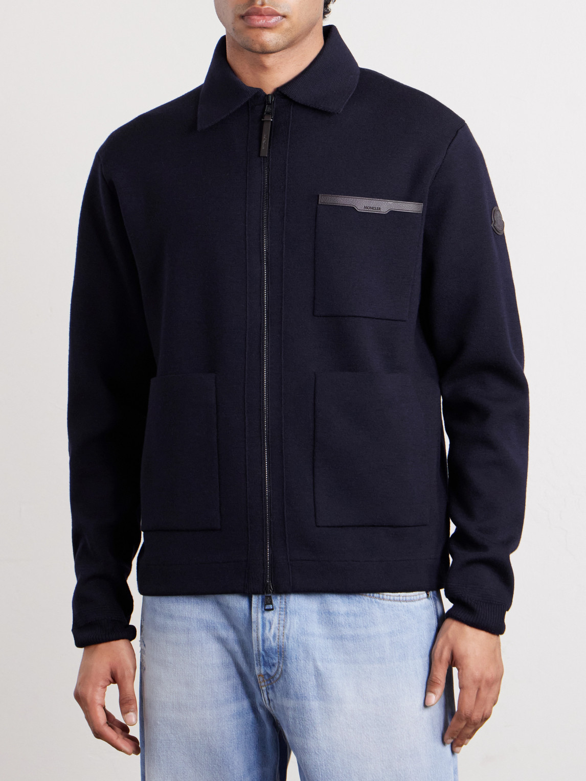 Leather-Trimmed Virgin Wool Zip-Up Cardigan