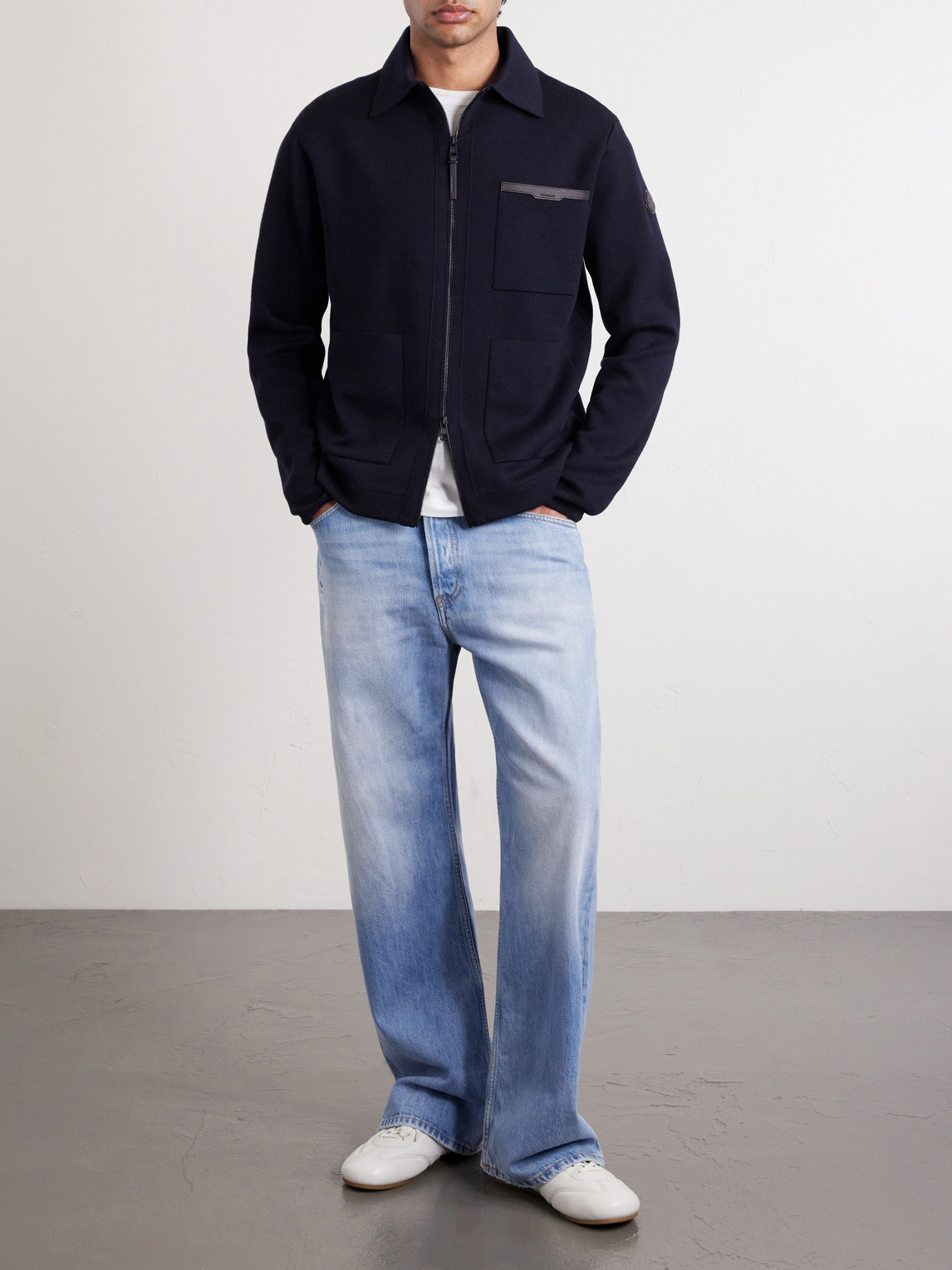 Leather-Trimmed Virgin Wool Zip-Up Cardigan