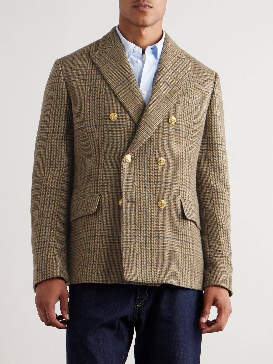 Incotex Double-breasted Prince Of Wales Checked Wool Blazer In Brown