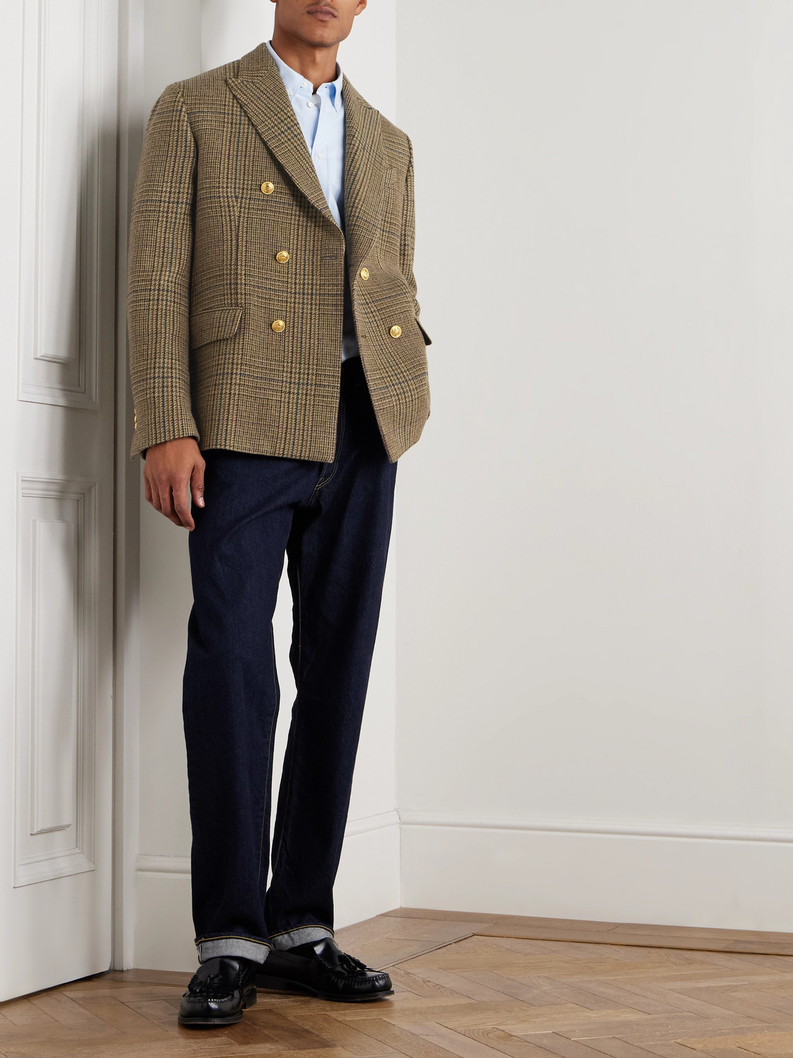 Incotex Double-breasted Prince Of Wales Checked Wool Blazer In Brown