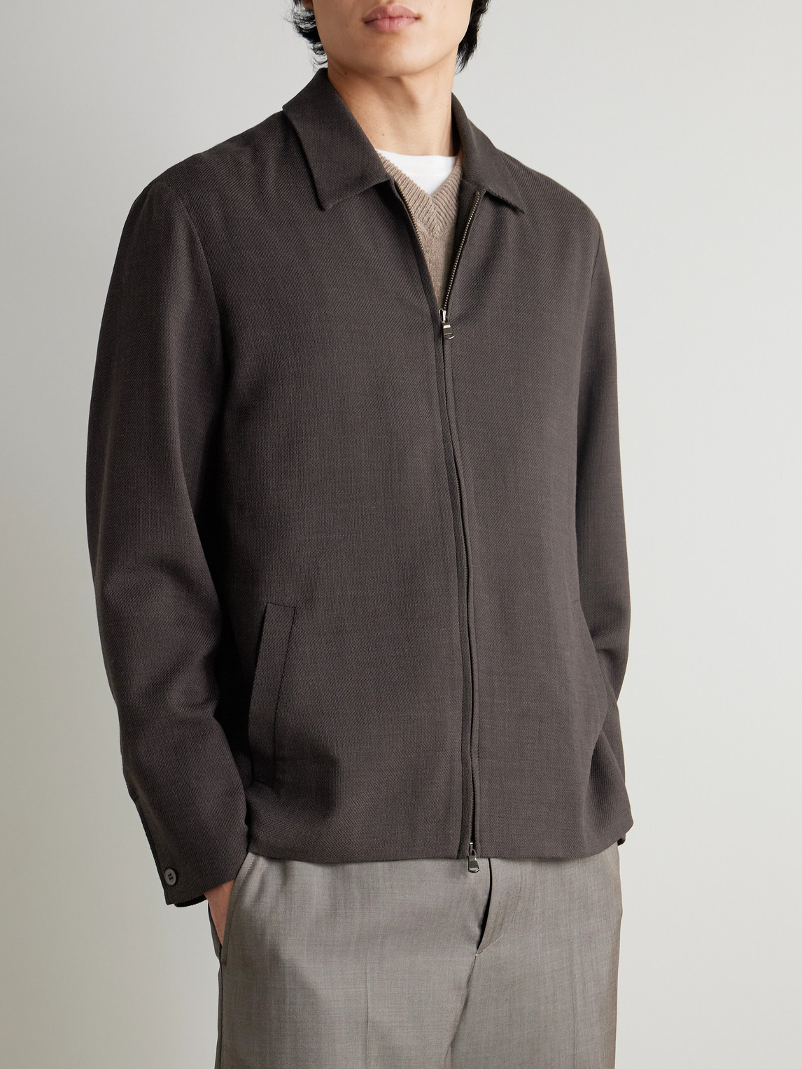  Sunspel - Textured Wool-blend Harrington Jacket - Men - Brown - L 