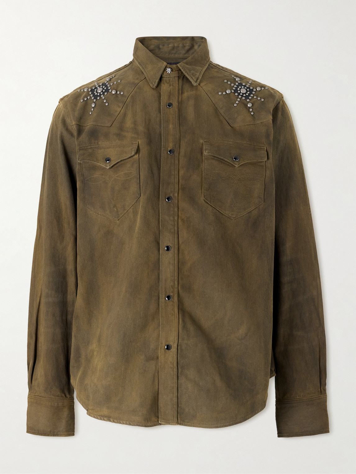 RRL Buffalo West Studded Leather-Trimmed Denim Shirten
