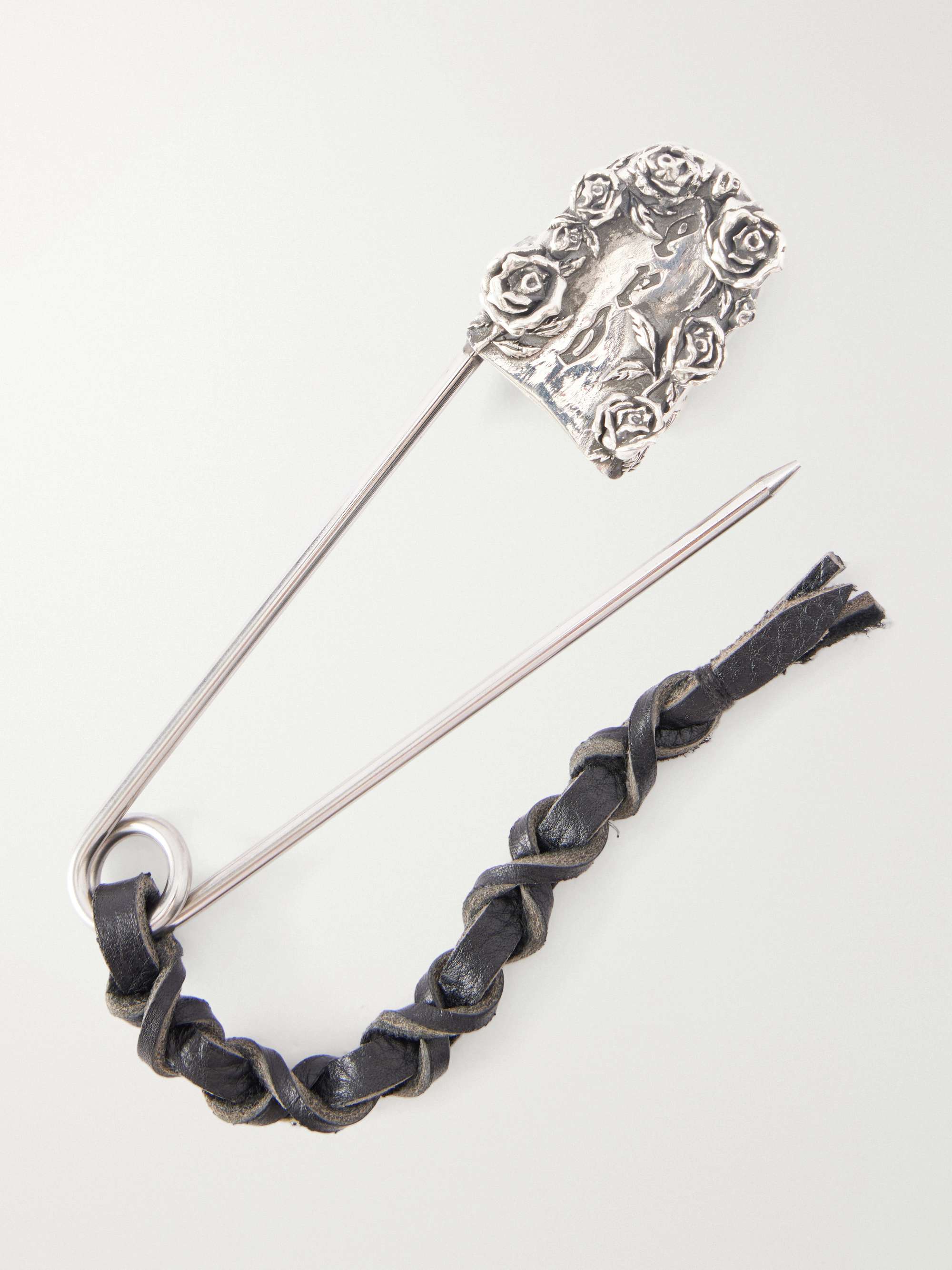Silver Oversized Safety Pin Leather-Trimmed Sterling Silver
