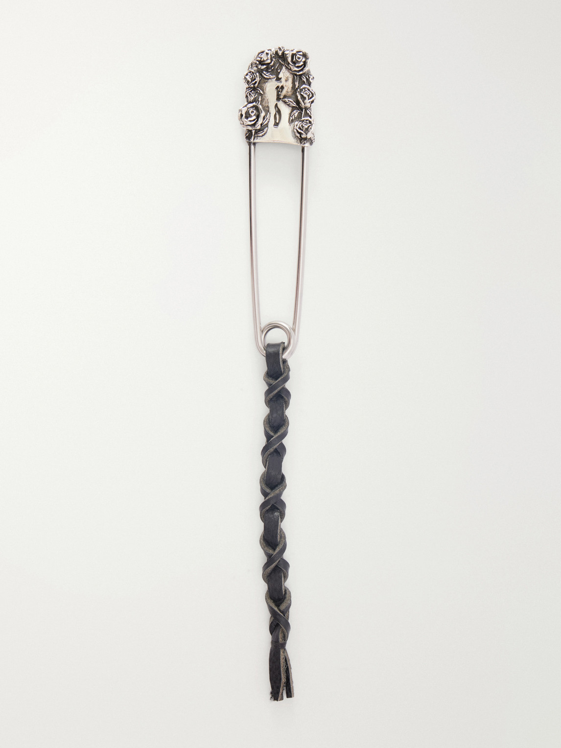 Enfants Riches Deprimes Oversized Safety Pin Leather-trimmed Sterling Silver Keyring In Gray