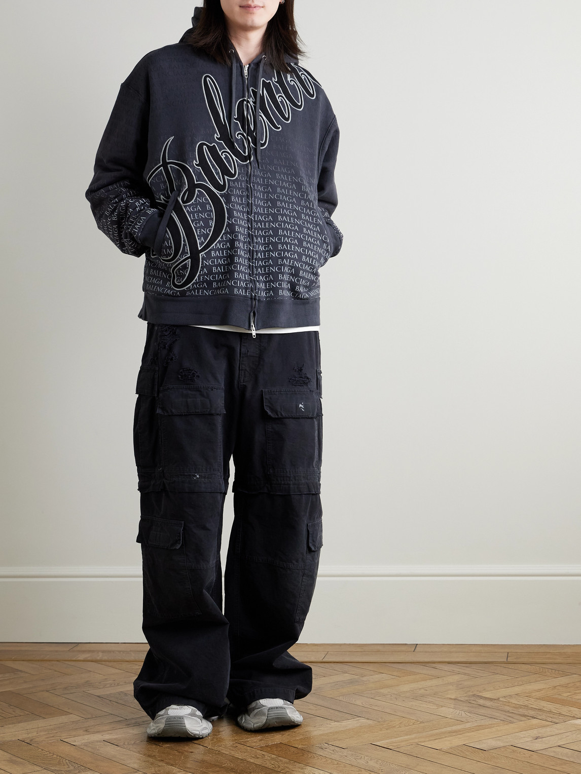 Oversized Logo-Appliquéd Printed Cotton-Jersey Zip-Up Hoodie