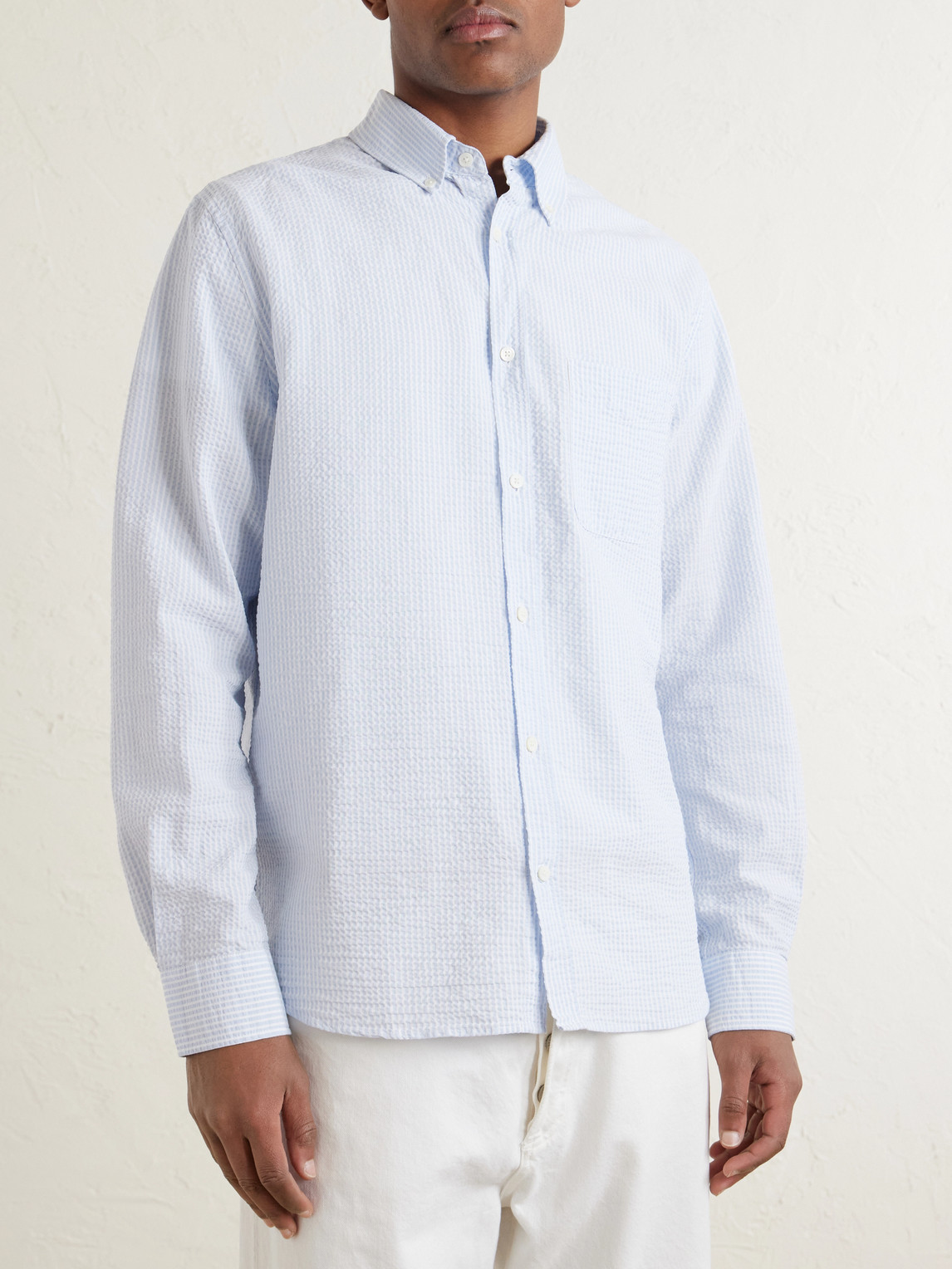 Mr P. - Button-Down Collar Striped Cotton-Seersucker Shirt