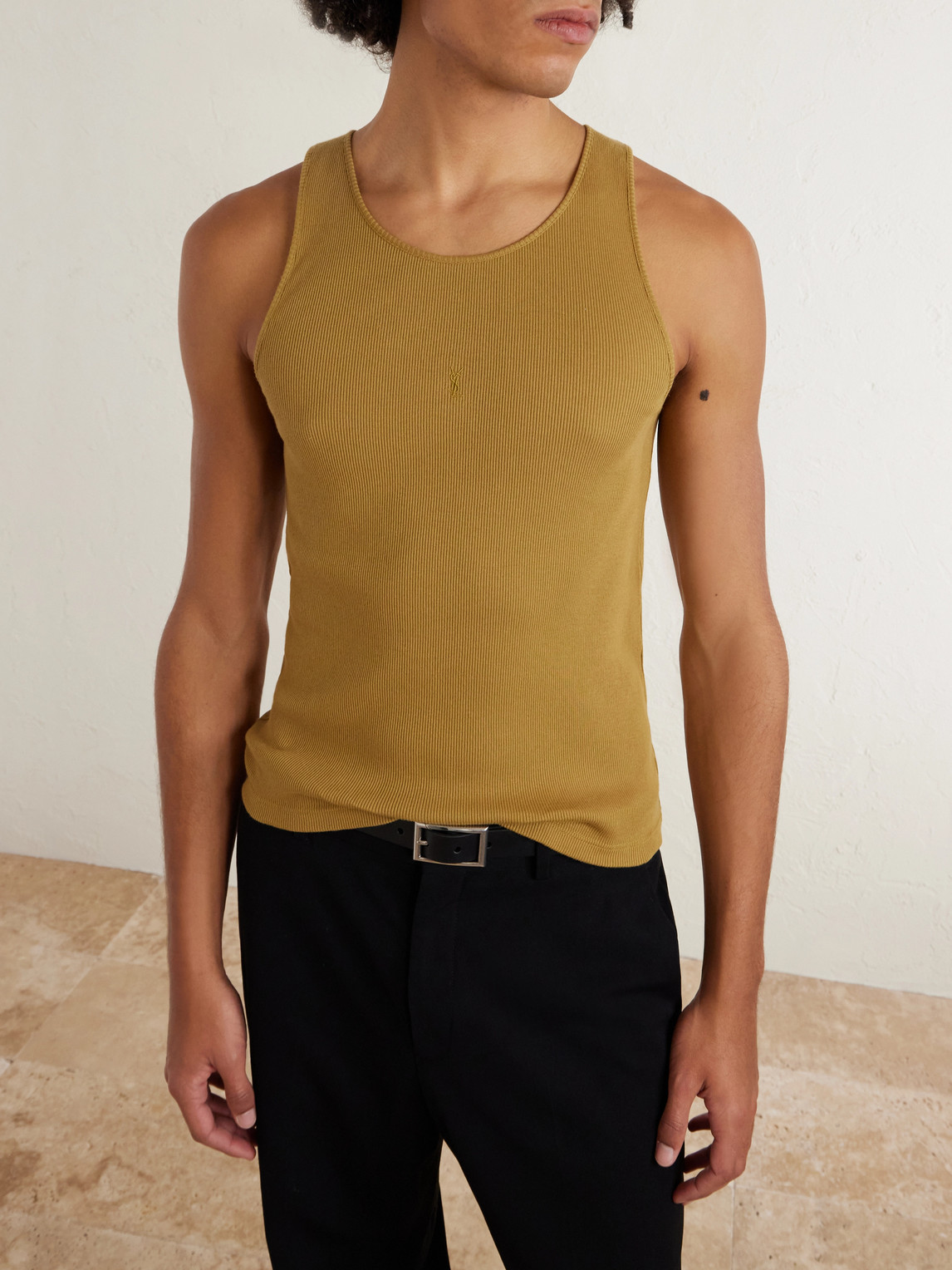  Saint Laurent - Logo-embroidered Ribbed Cotton Tank Top - Men - Brown - S 