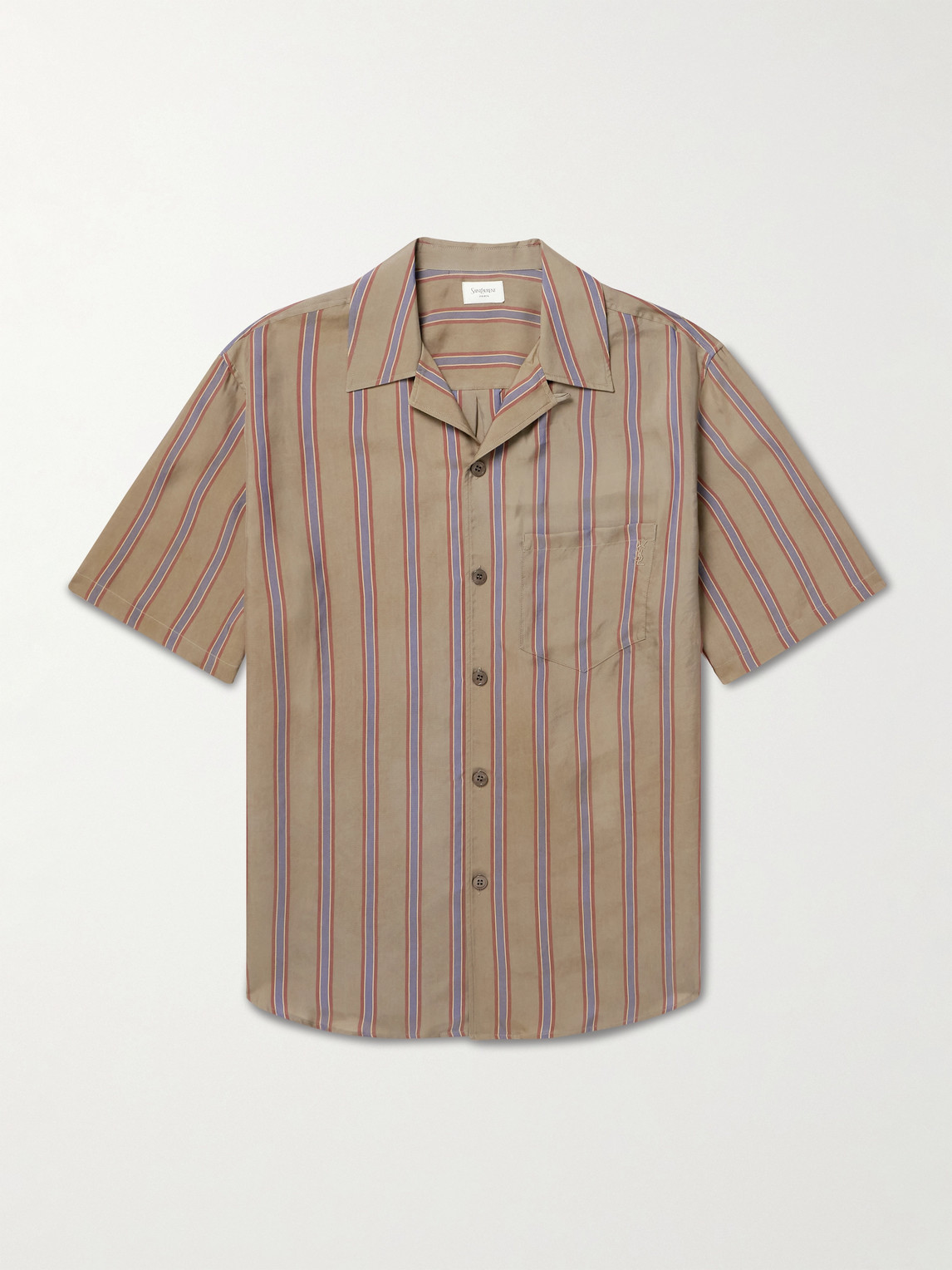 Saint Laurent Camp-collar Logo-embroidered Striped Twill Shirt In Brown