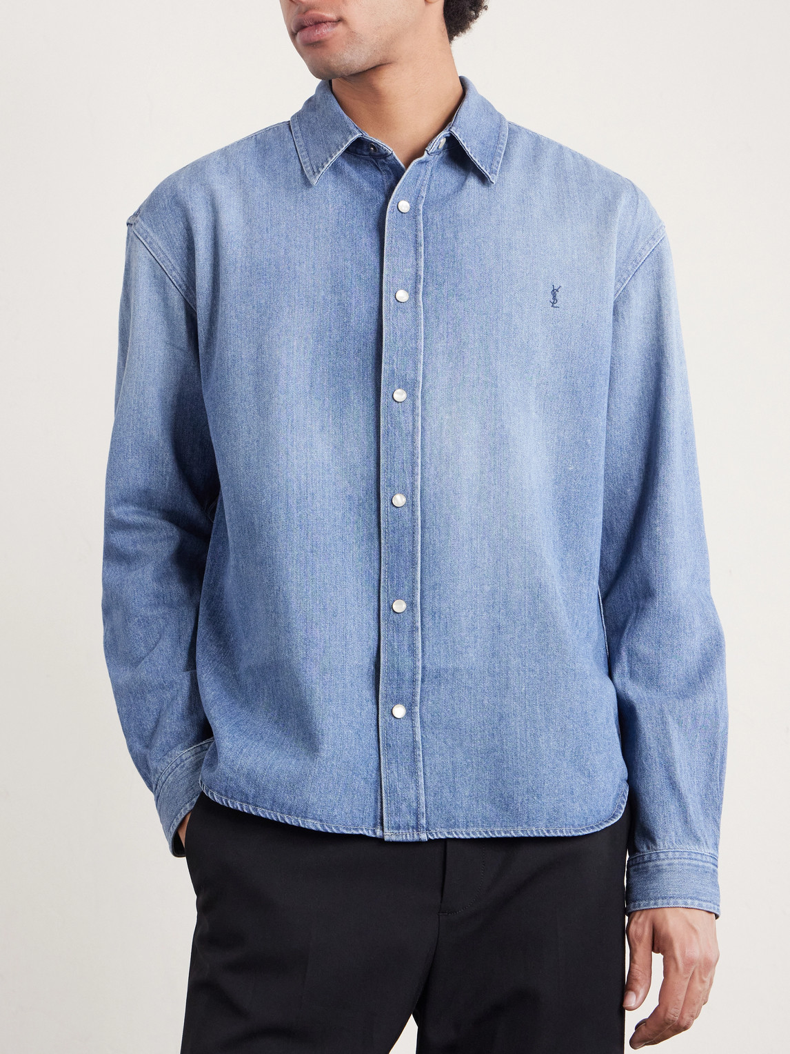  Saint Laurent - Logo-embroidered Denim Shirt - Men - Blue - S 