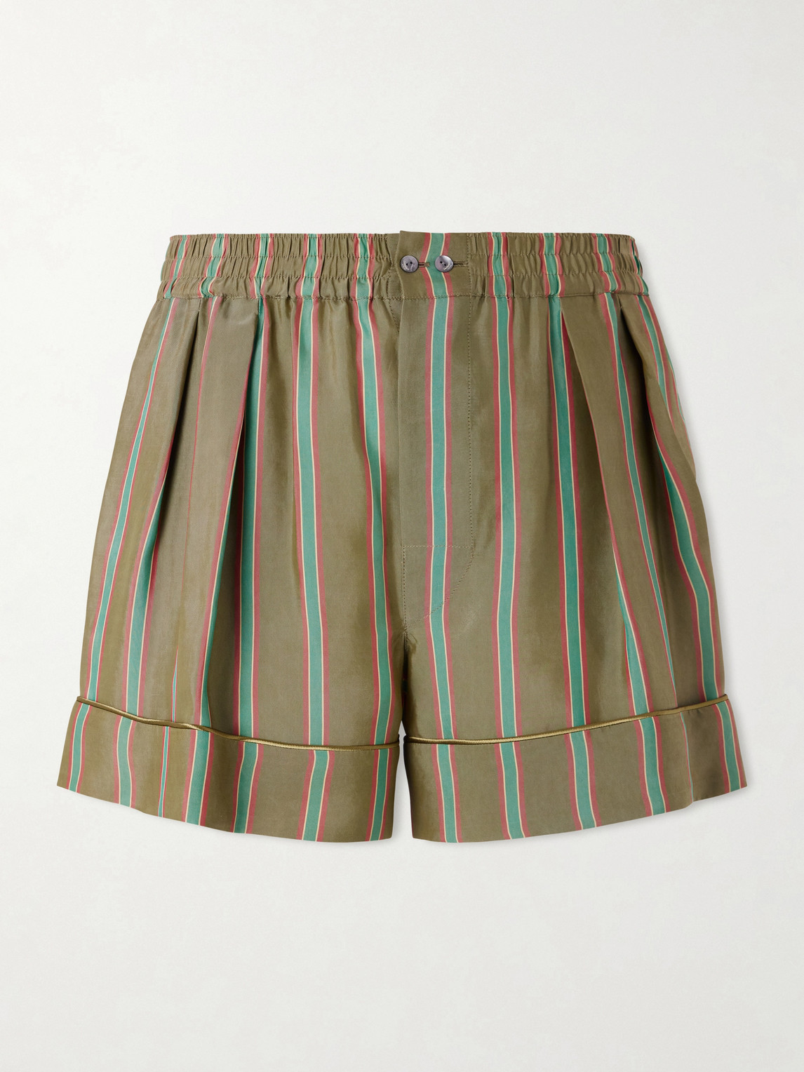 Saint Laurent Wide-leg Piped Pleated Striped Recycled-twill Shorts In Green