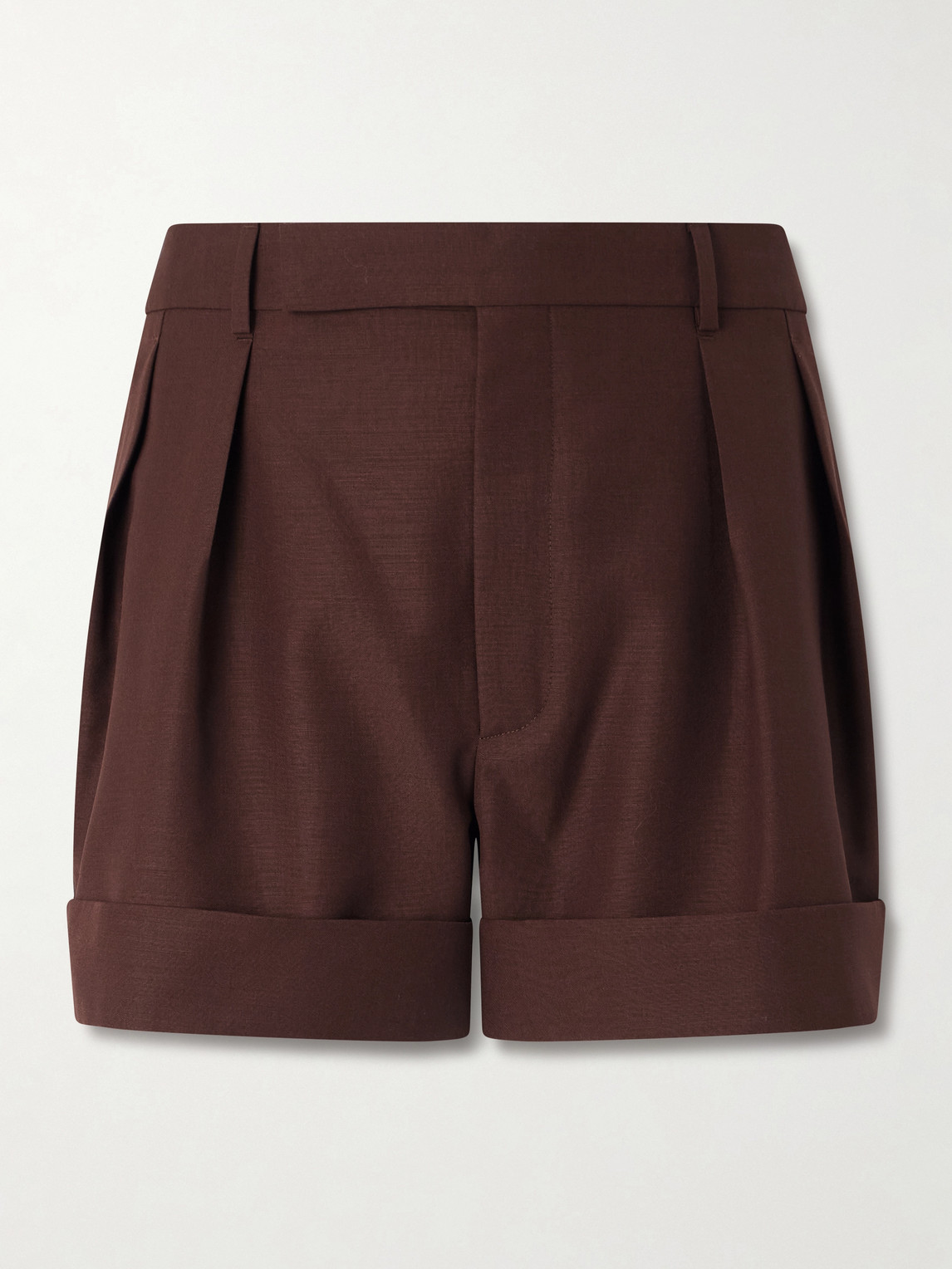 Saint Laurent Straight-leg Pleated Wool And Mohair-blend Shorts In Brown