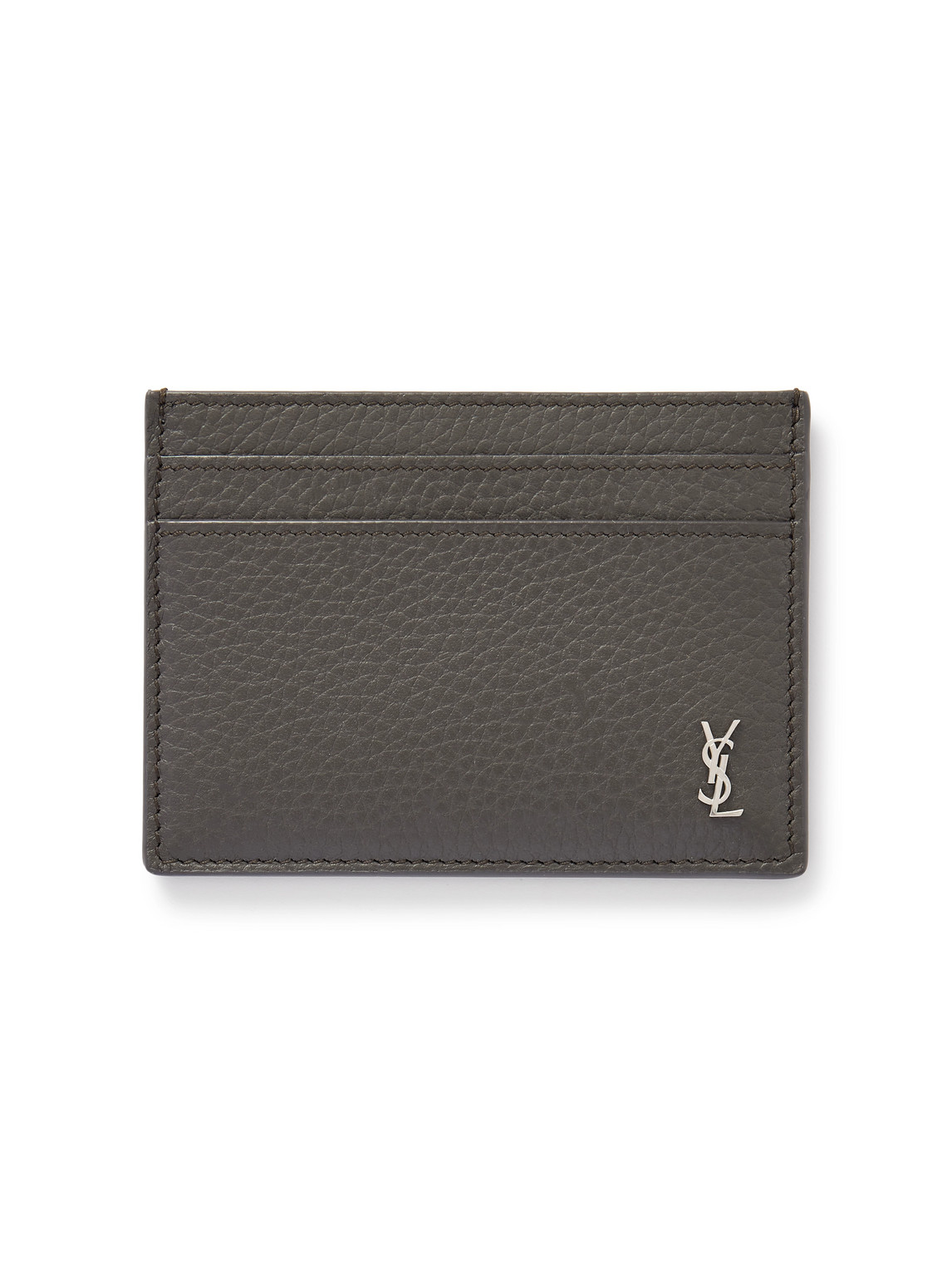 Saint Laurent Tiny Cassandre Logo-appliquéd Full-grain Leather Cardholder In Gray