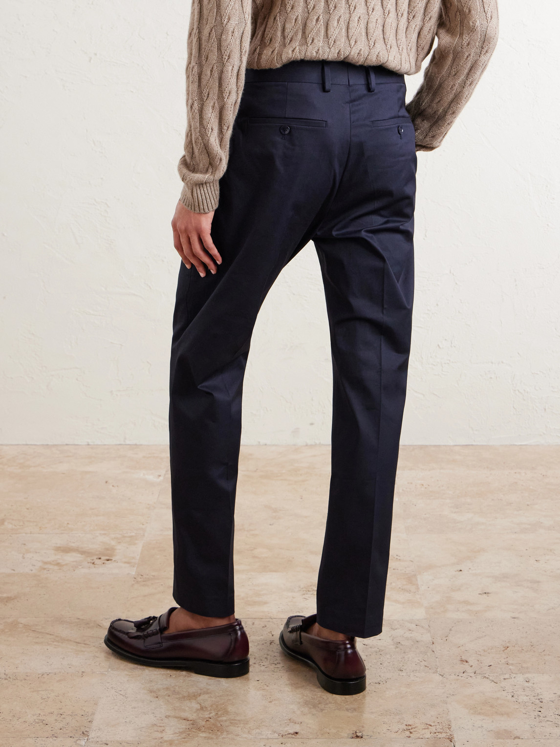 Tapered Pleated Organic Cotton-Blend Twill Trousers