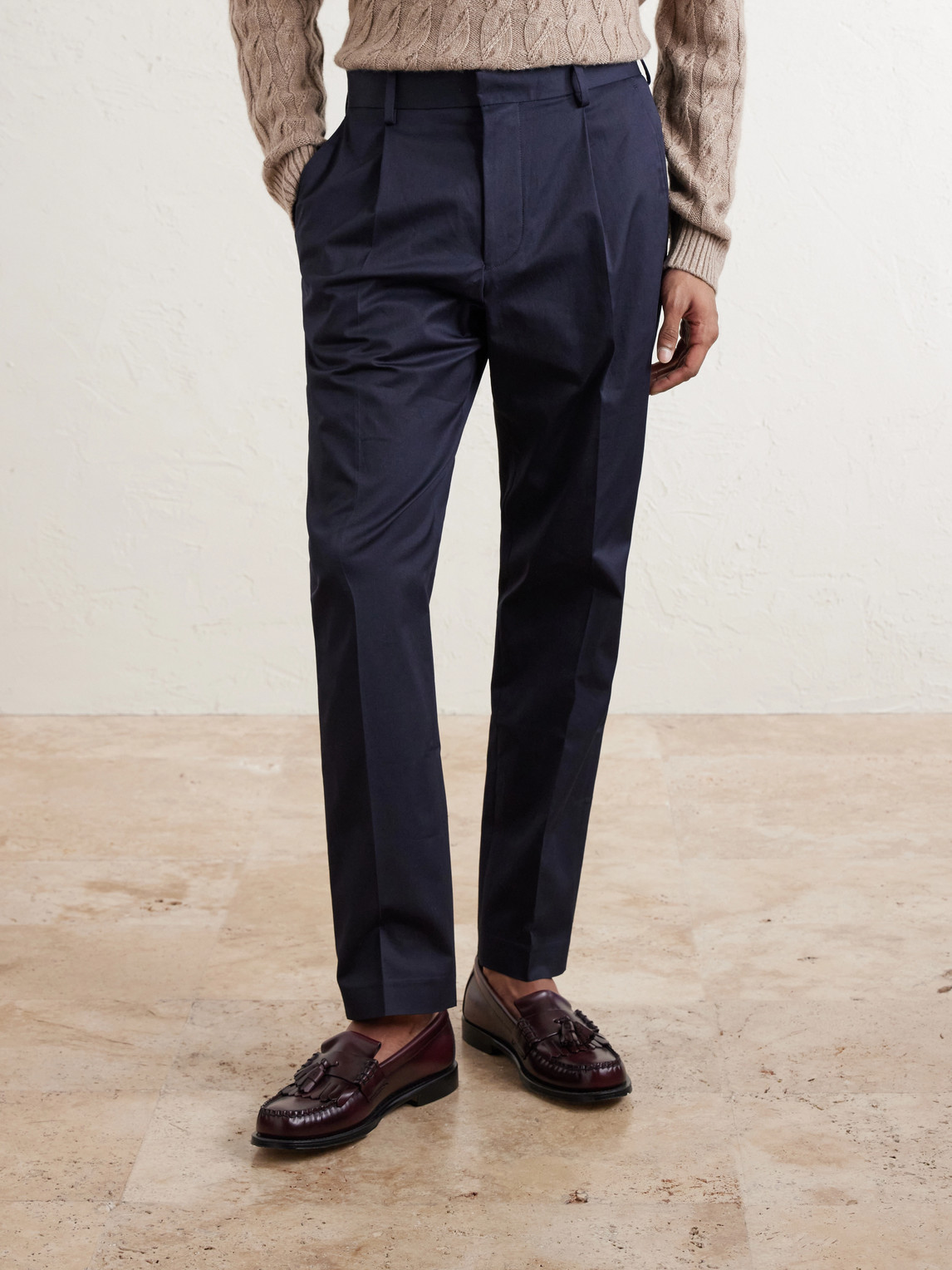 Tapered Pleated Organic Cotton-Blend Twill Trousers