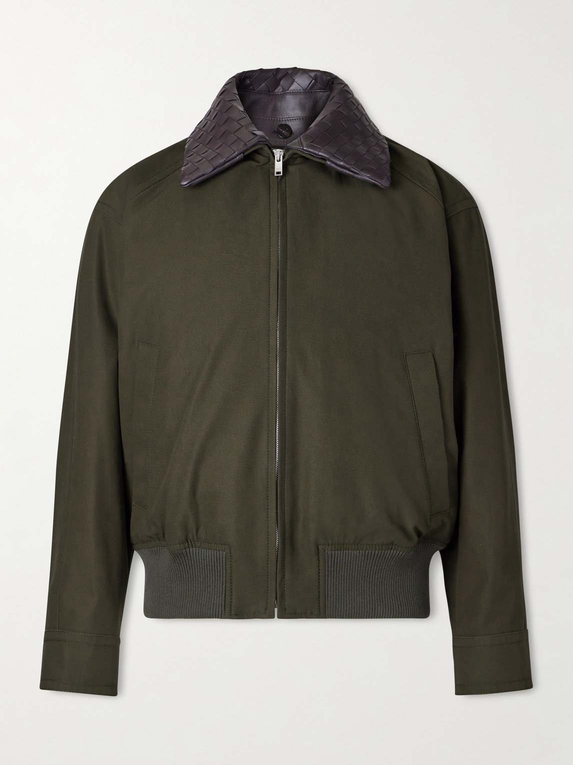 Bottega Veneta Intrecciato Leather-trimmed Cotton-twill Blouson Jacket In Green