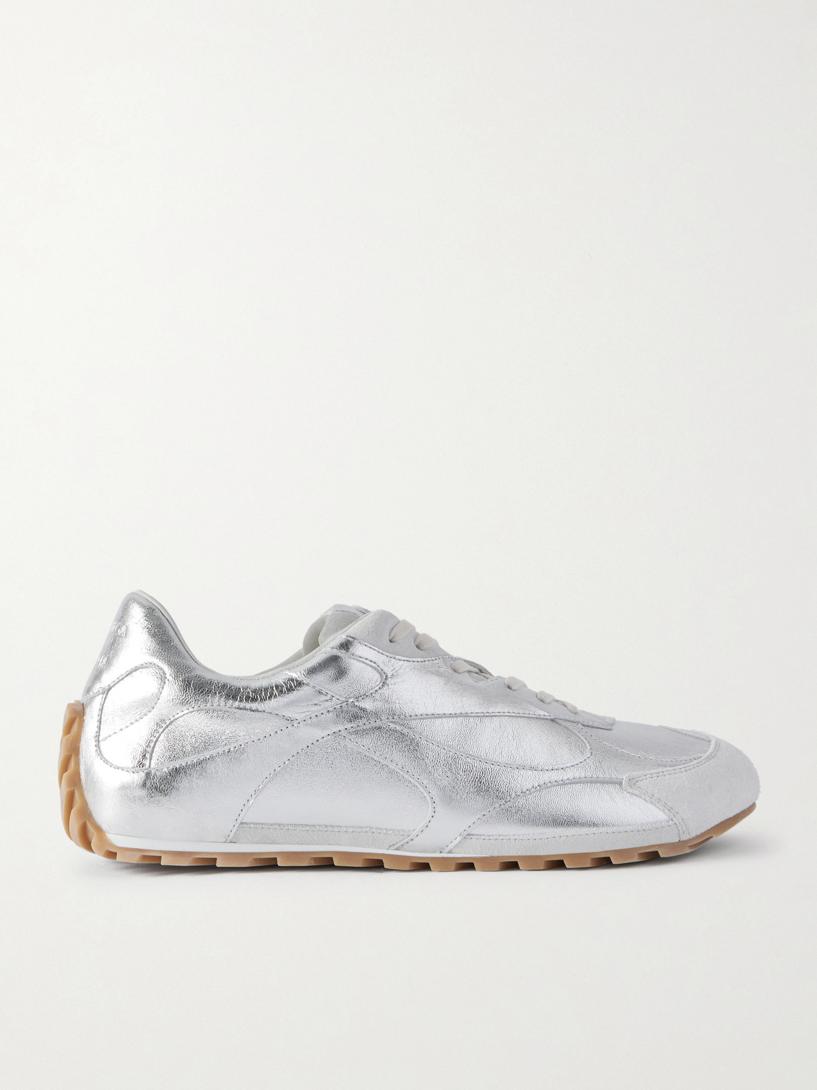 Bottega Veneta Orbit Flash Suede-trimmed Metallic Leather Sneakers In Silver