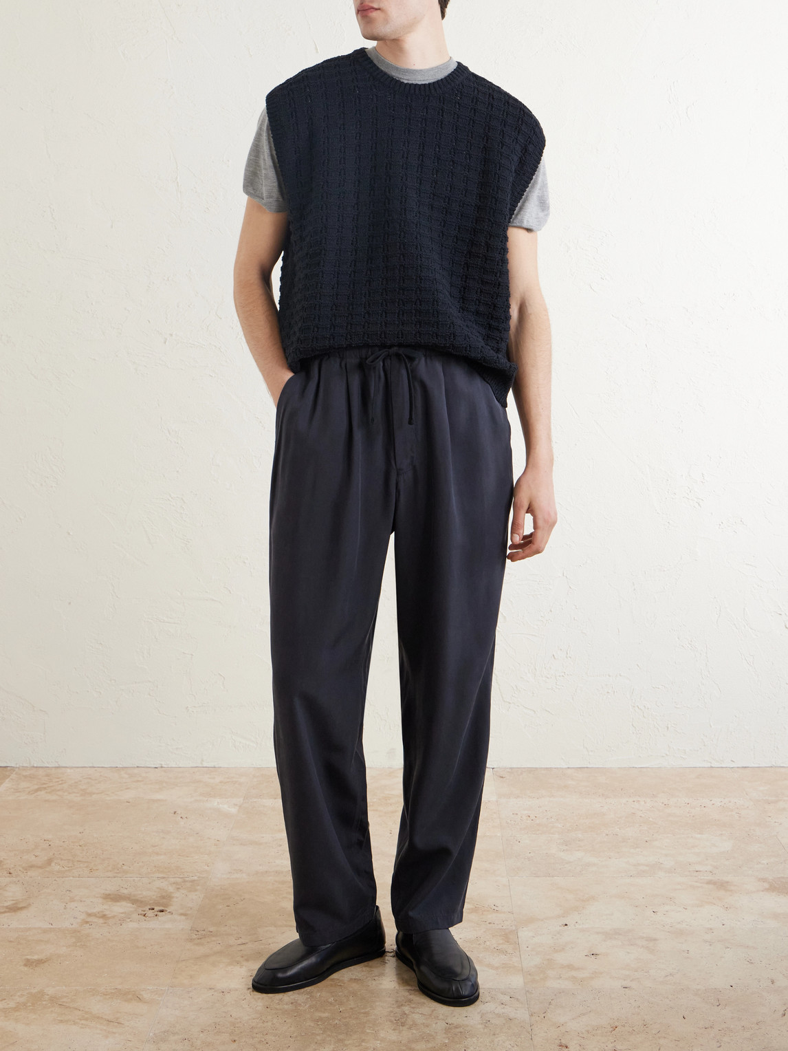 Straight-Leg Silk-Gabardine Drawstring Trousers