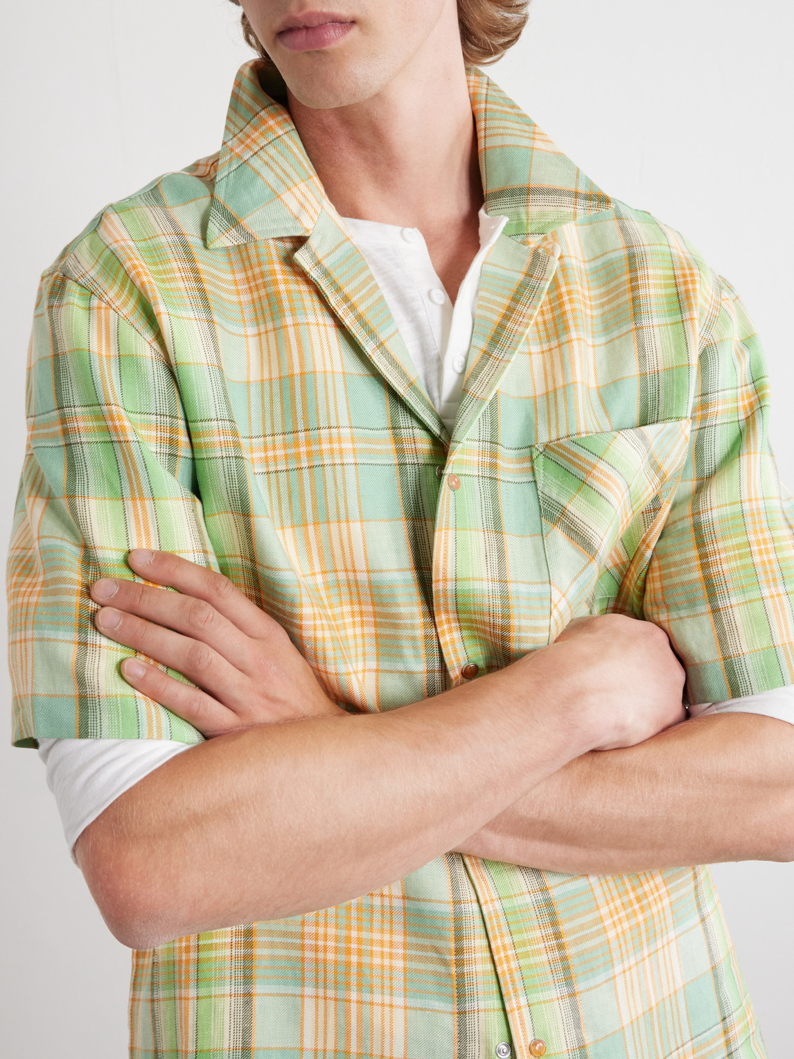 Convertible-Collar Checked Linen