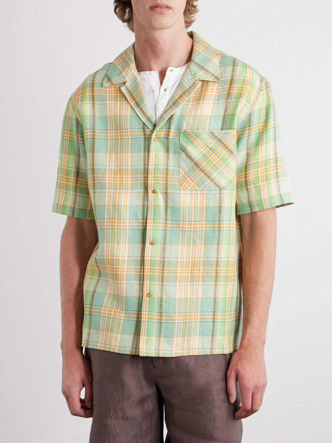 Convertible-Collar Checked Linen