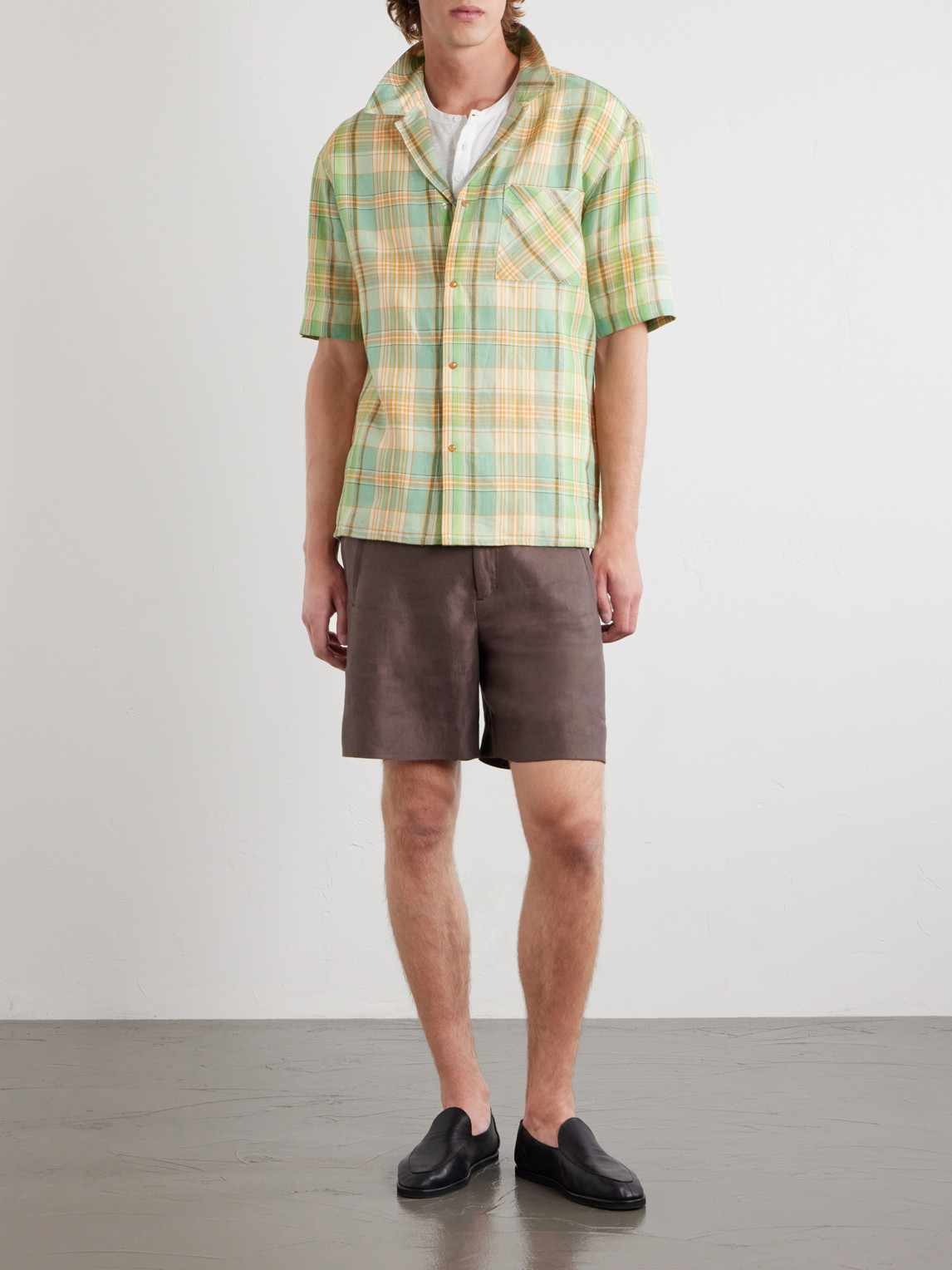 Convertible-Collar Checked Linen