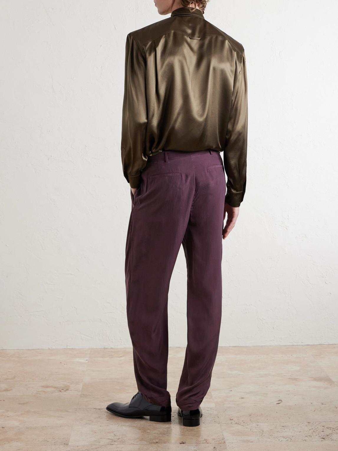 Tapered Belted Pleated Silk Trousers