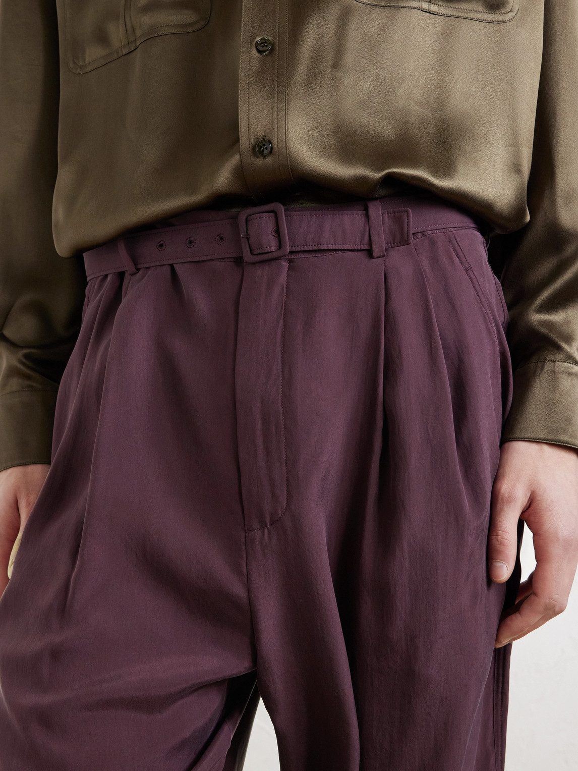 Tapered Belted Pleated Silk Trousers