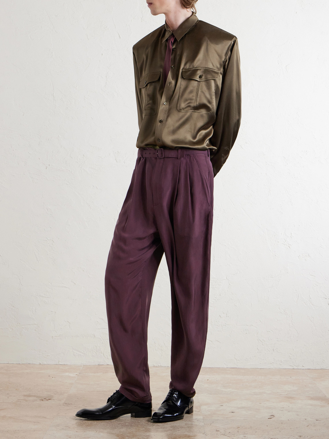 Tapered Belted Pleated Silk Trousers