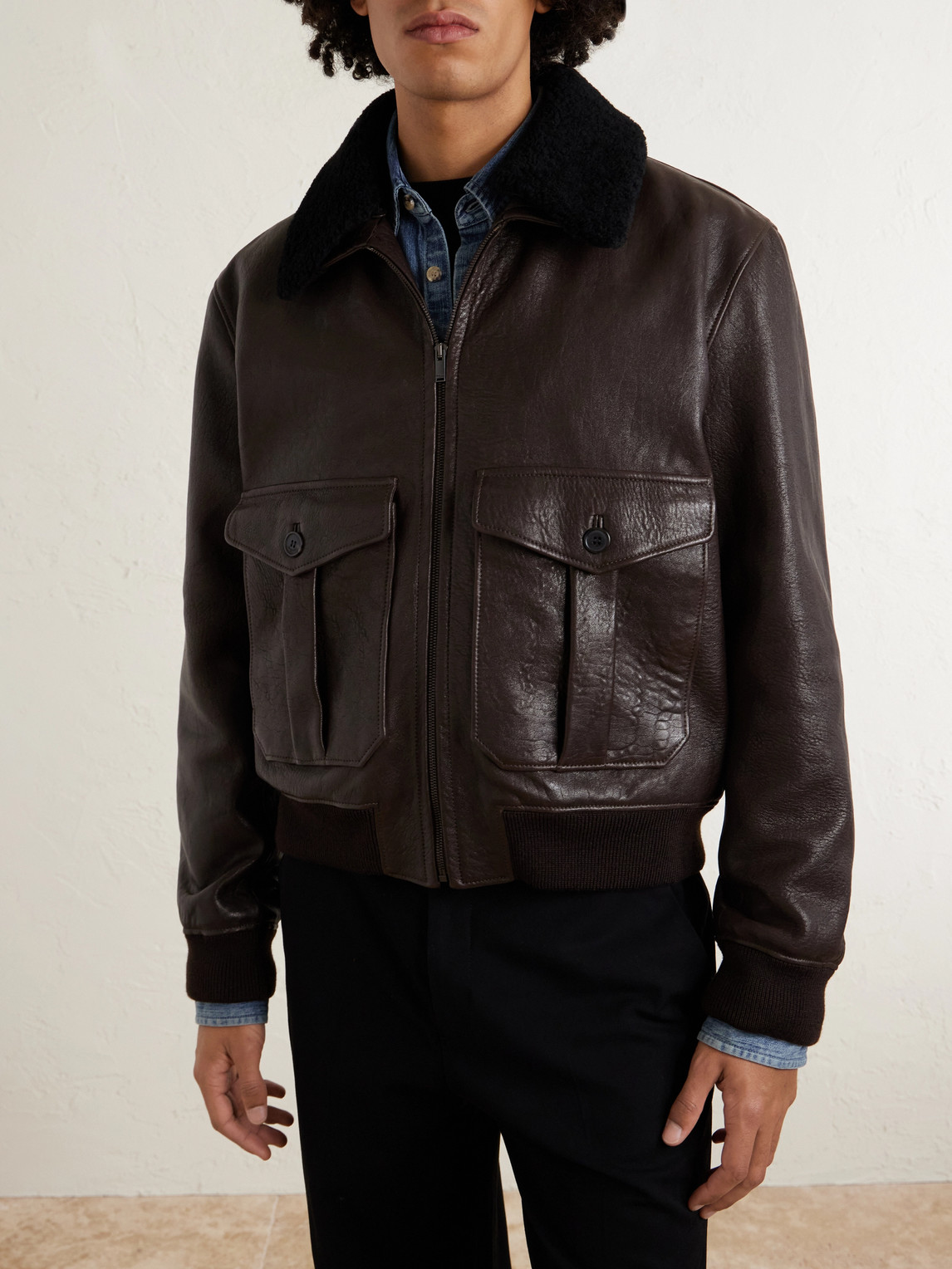 Shearling-Trimmed Full-Grain Leather