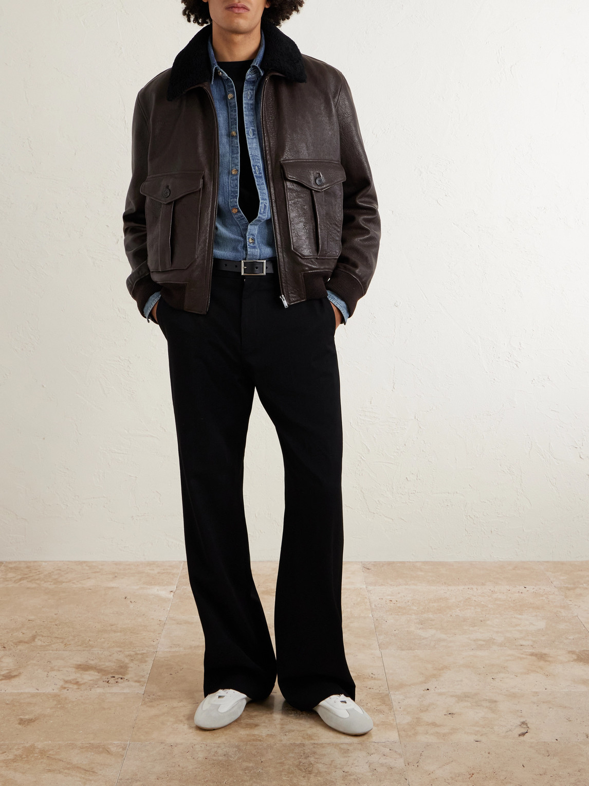 Shearling-Trimmed Full-Grain Leather