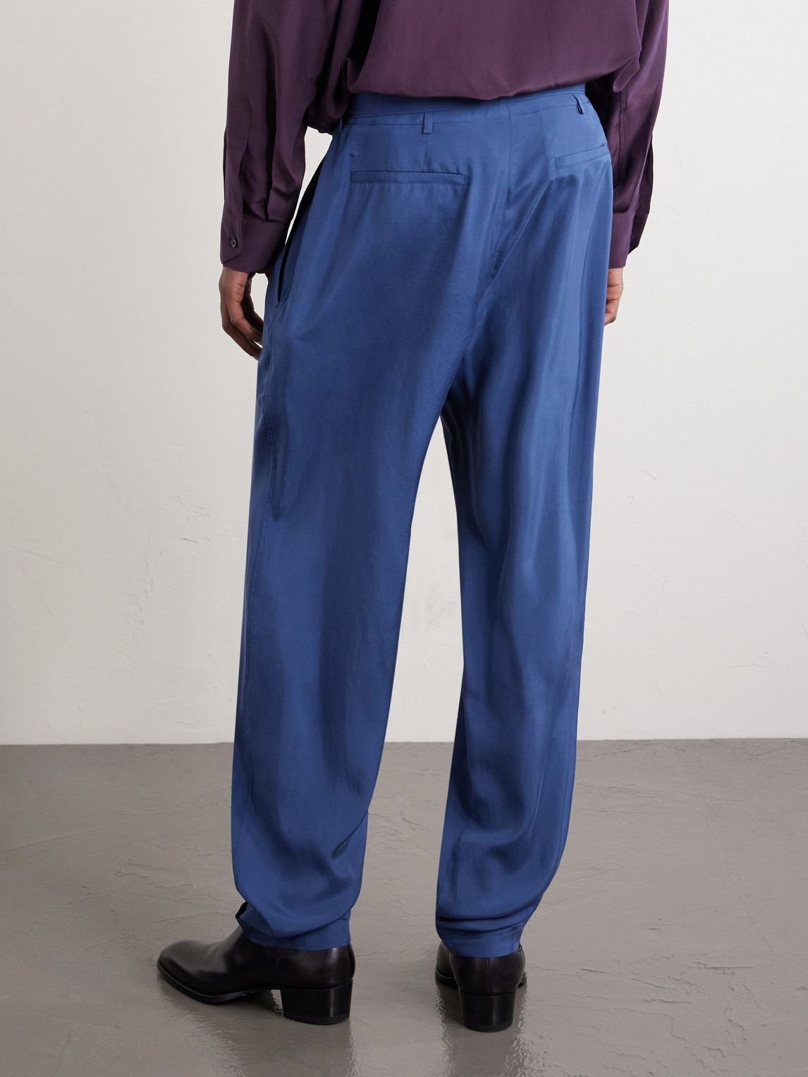Tapered Belted Pleated Silk Trousers