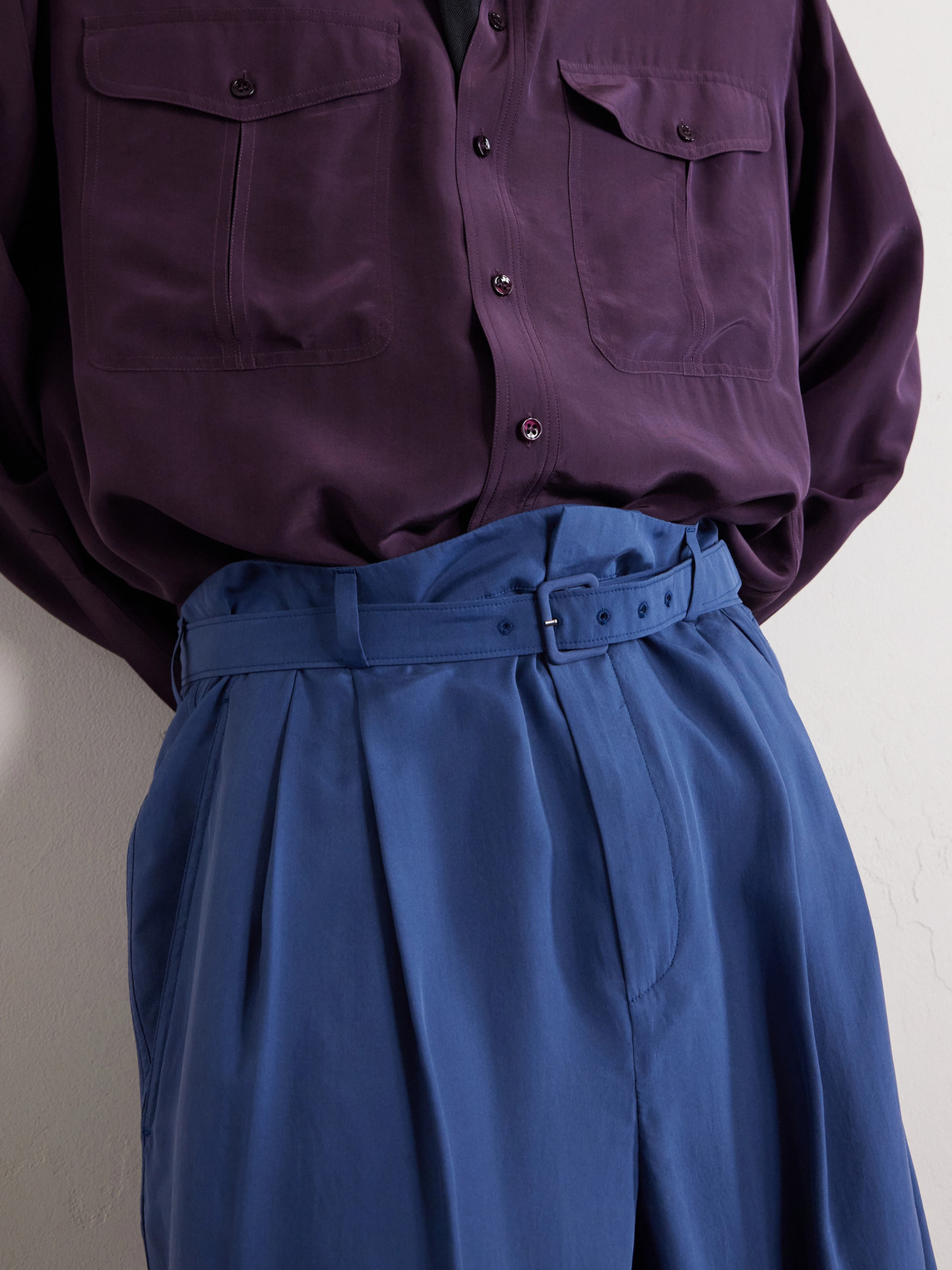 Tapered Belted Pleated Silk Trousers