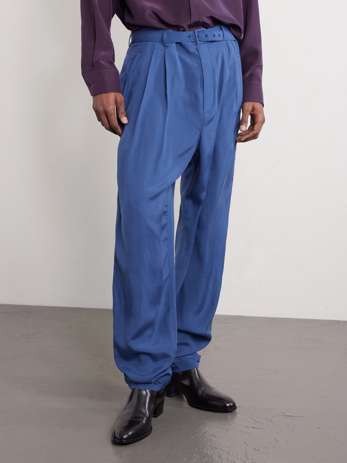 Tapered Belted Pleated Silk Trousers