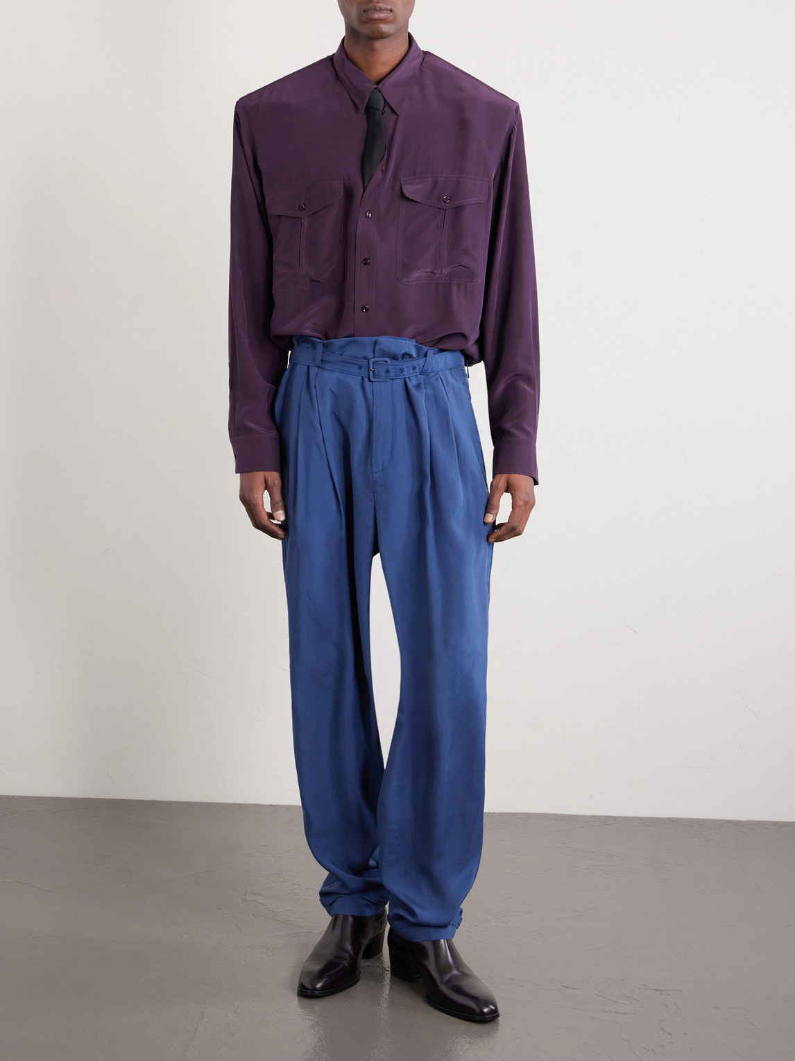 Tapered Belted Pleated Silk Trousers
