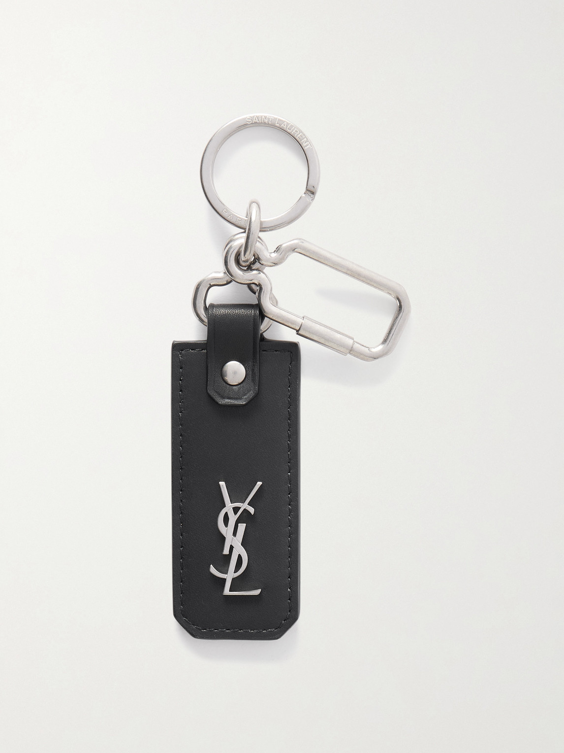 Saint Laurent Cassandre Leather And Silver-tone Key Fob In Black