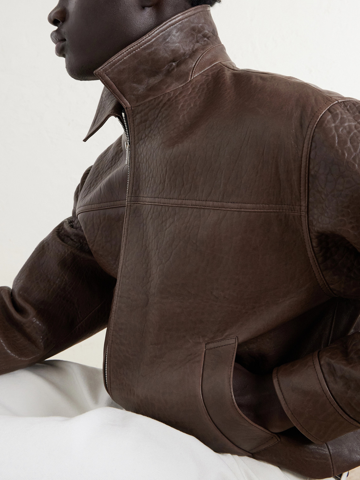 Frame Textured-leather Bomber Jacket In Brown