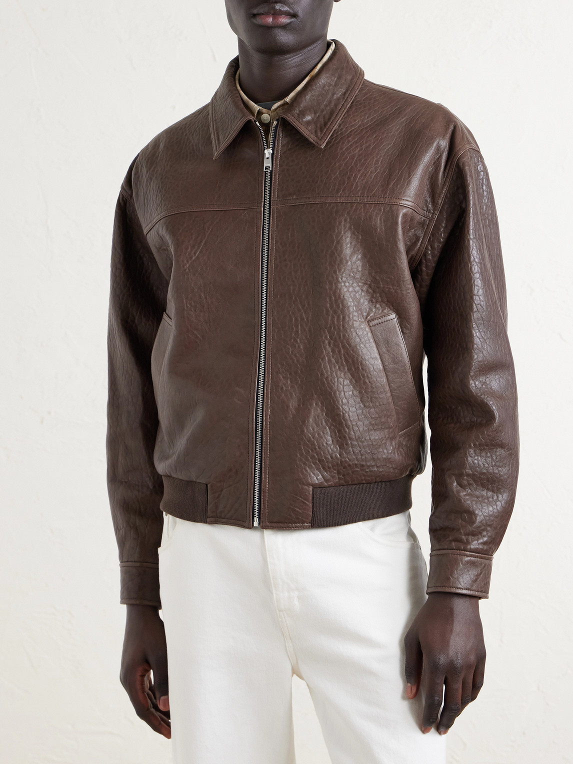 Frame Textured-leather Bomber Jacket In Brown