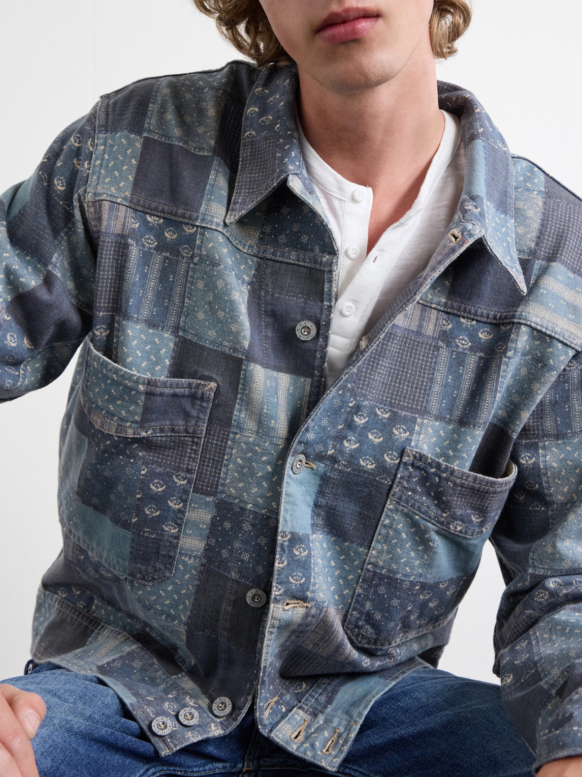 Rrl Patchwork Cotton Jacket In Blue