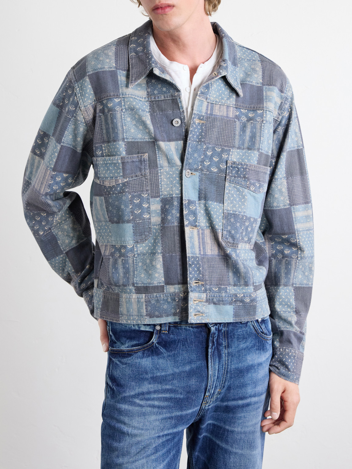 Rrl Patchwork Cotton Jacket In Blue