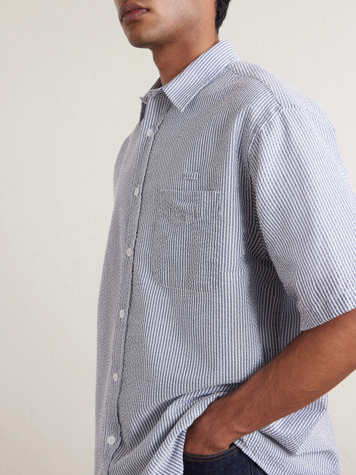 Cotton-Blend Seersucker Shirt Striped