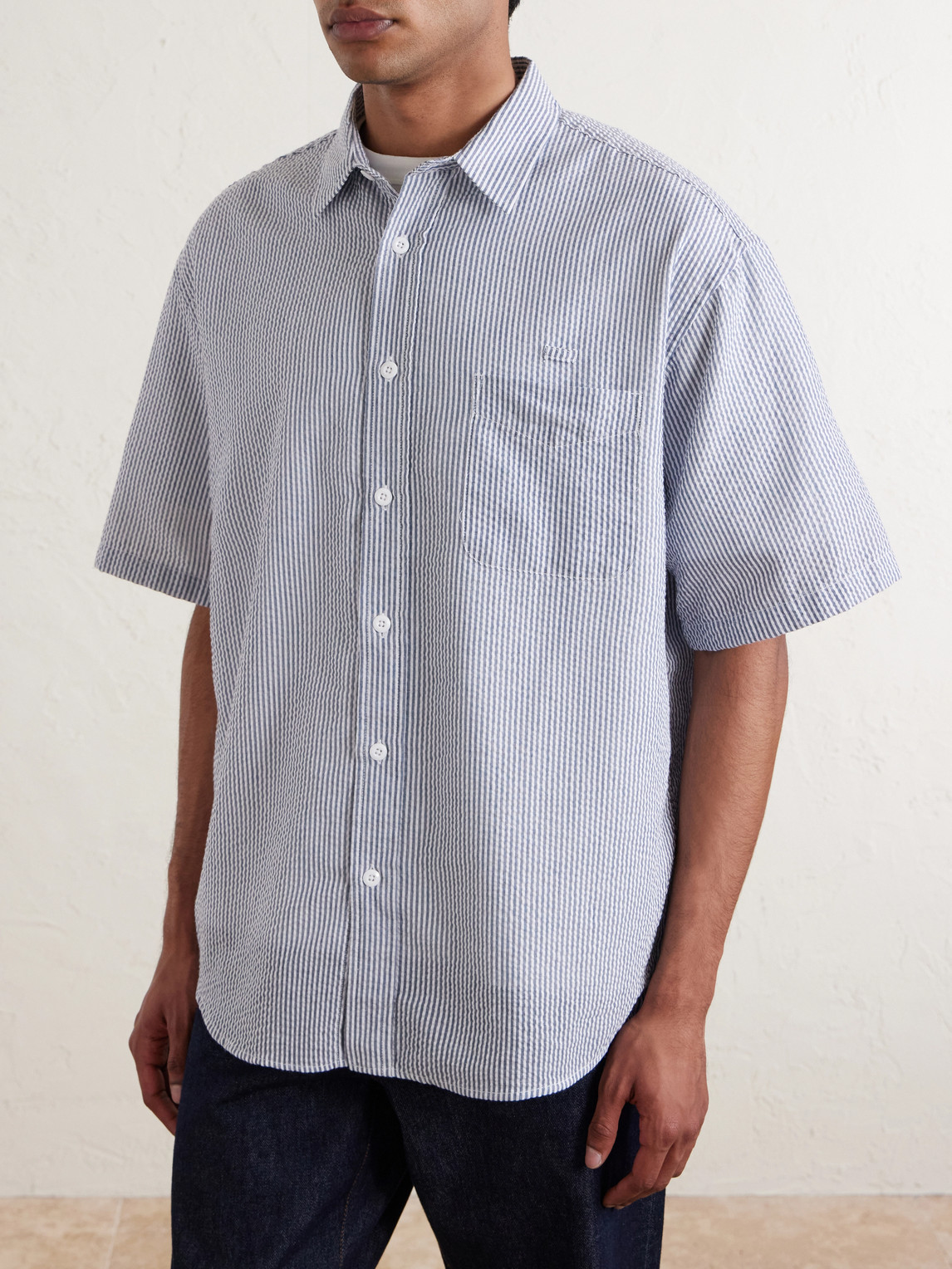 Cotton-Blend Seersucker Shirt Striped