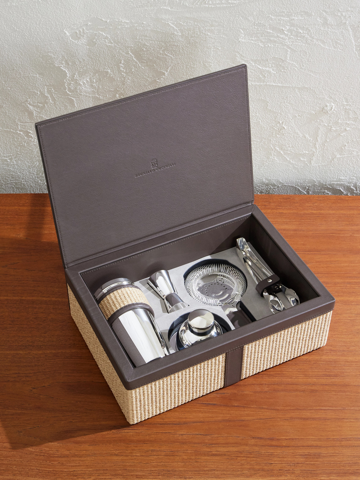 Brunello Cucinelli Steel And Raffia Cocktail Set In Silver