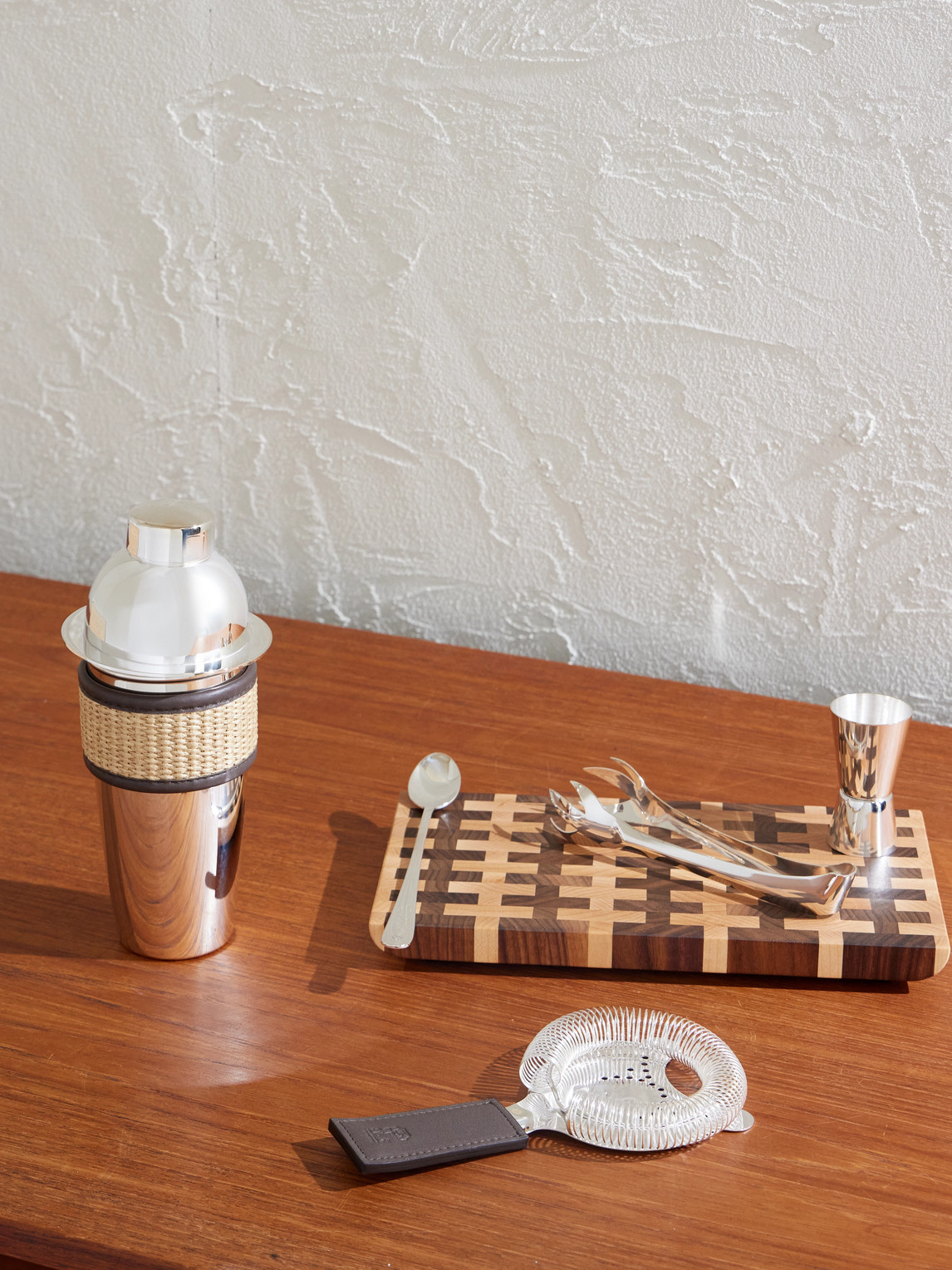 Brunello Cucinelli Silver-plated Steel And Techno Raffia Cocktail Set In Brown