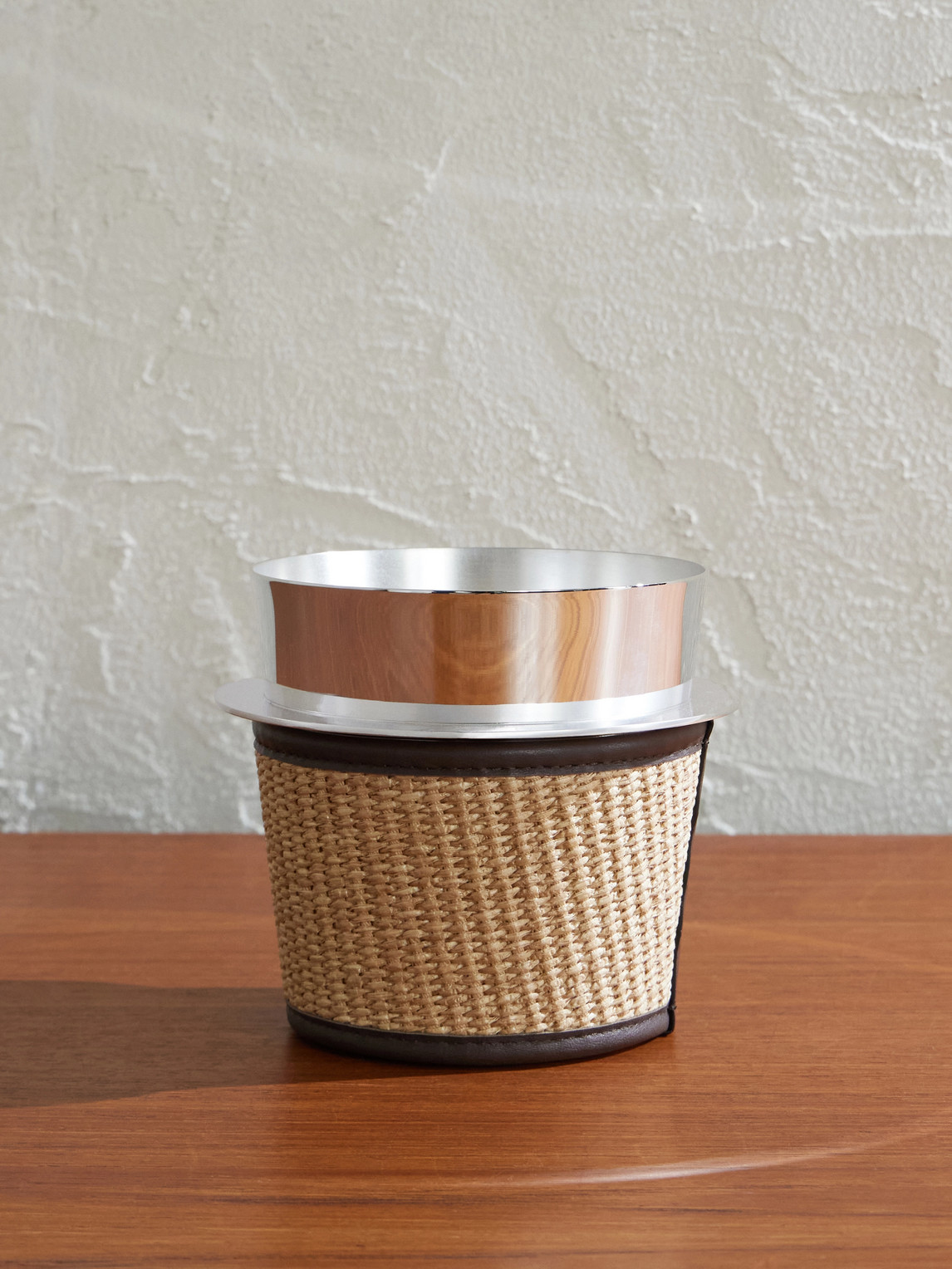 Brunello Cucinelli Steel, Raffia And Leather Ice Bucket In Silver