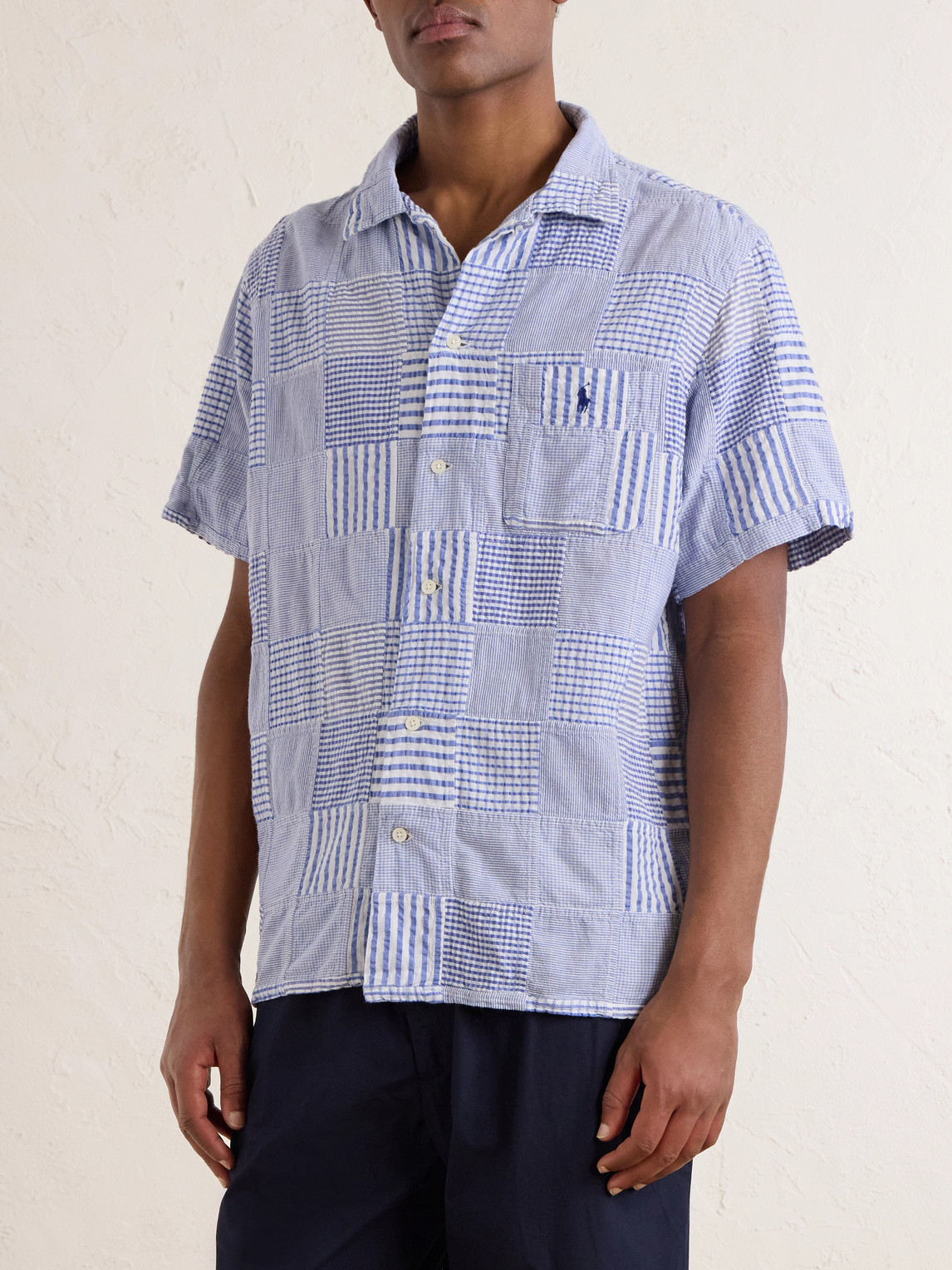  Polo Ralph Lauren - Convertible-collar Logo-embroidered Patchwork Cotton-seersucker Shirt - Men - Blue - M 