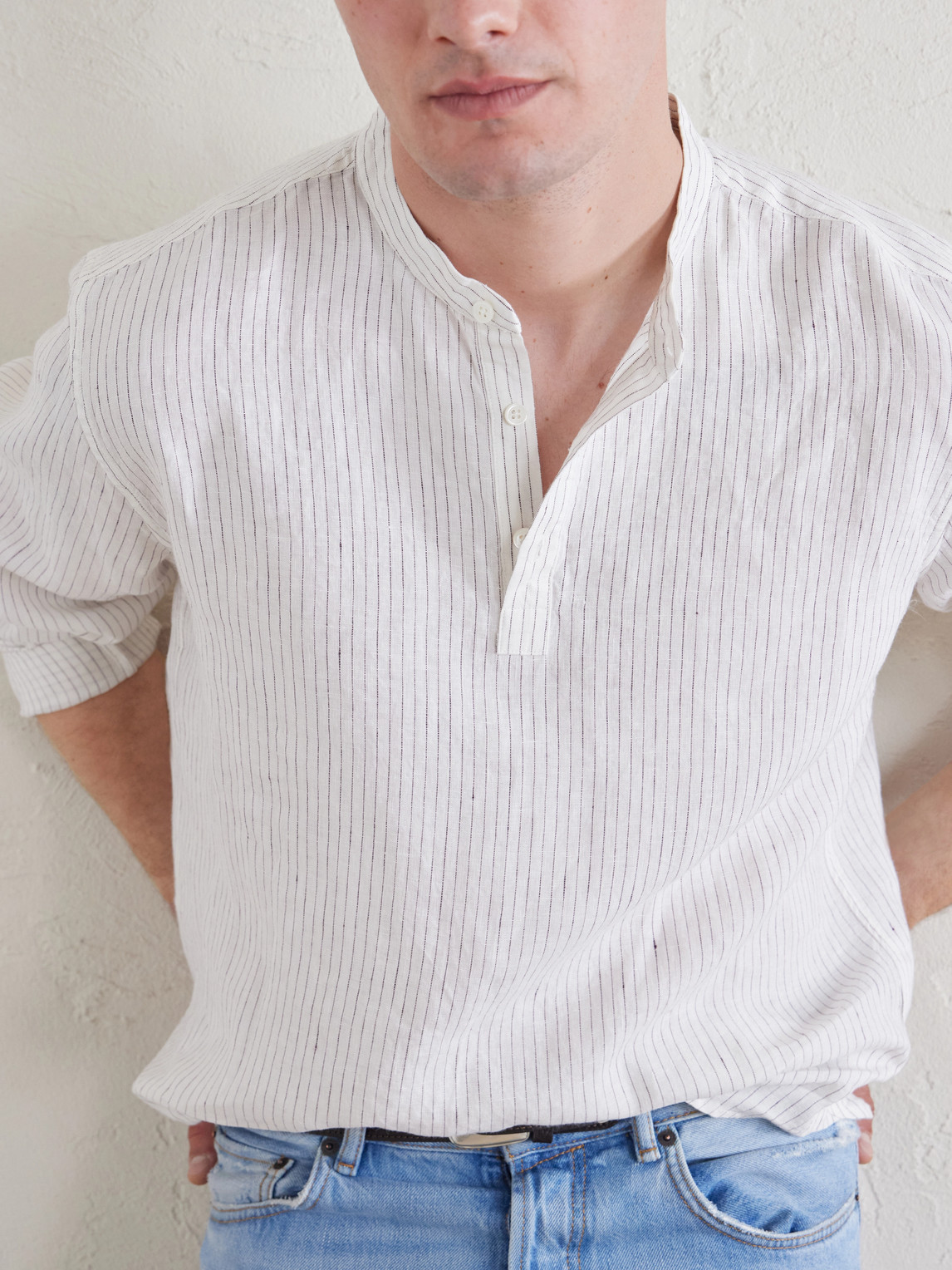 Mr P. - Grandad-Collar Pinstriped Linen