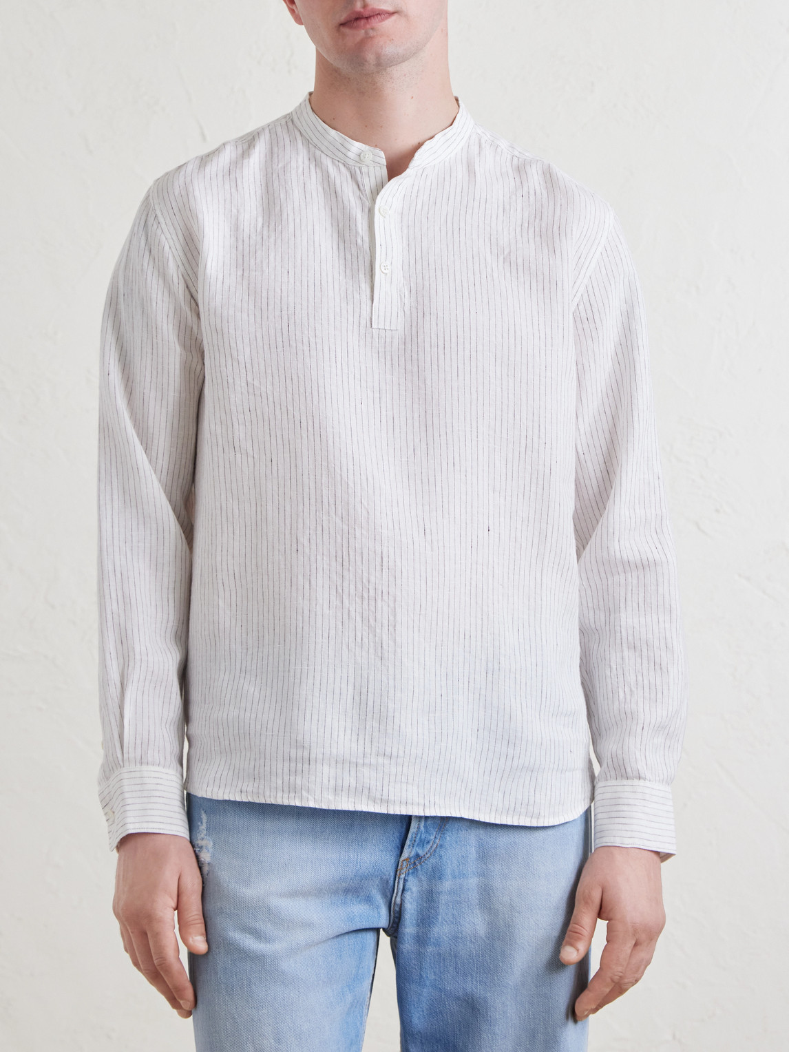  Mr P. - Grandad-collar Pinstriped Linen Shirt - Men - White - Xs 